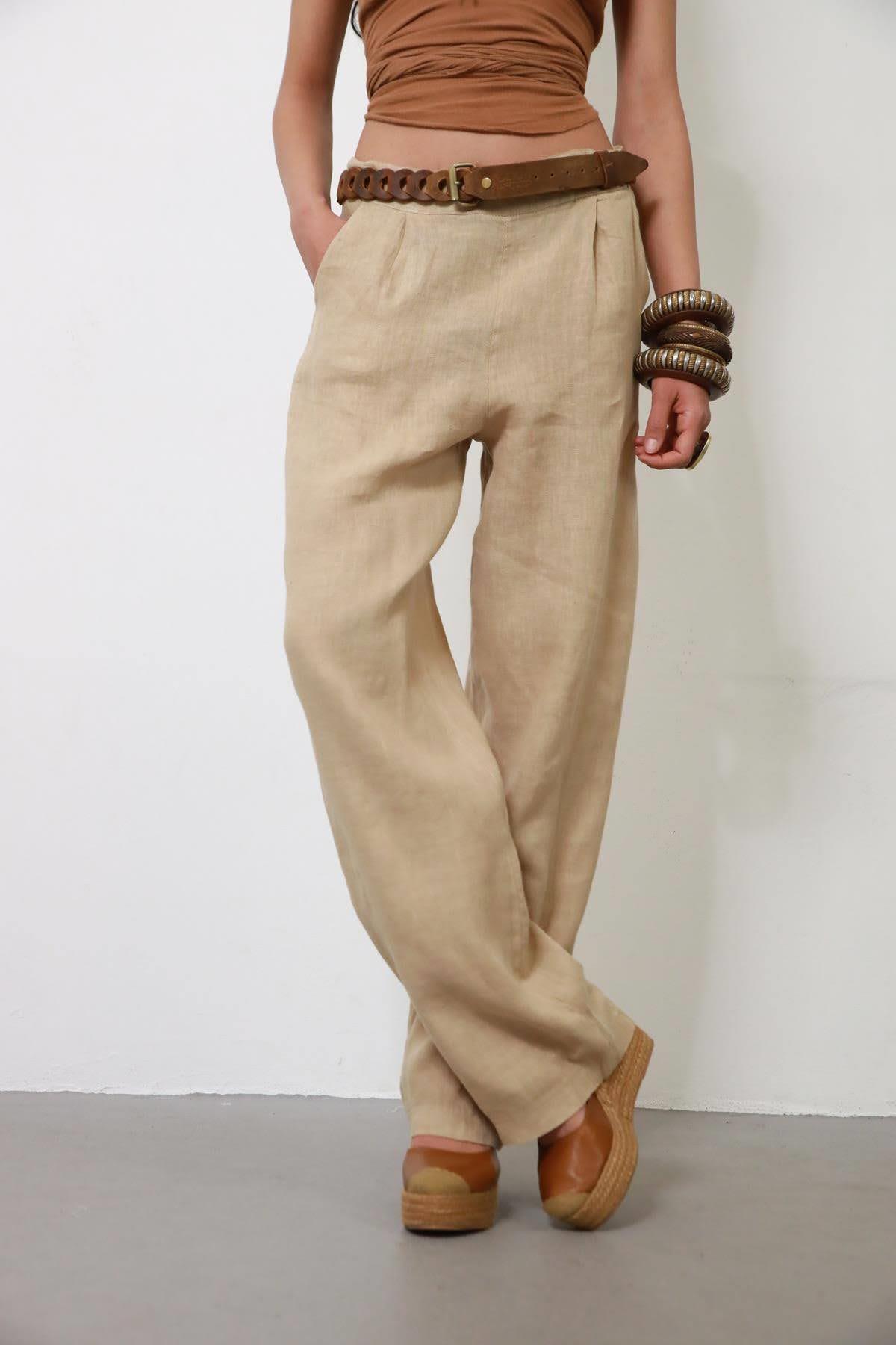 Camel Rengi Beli Yarım Lastikli Pileli Keten Pantolon
