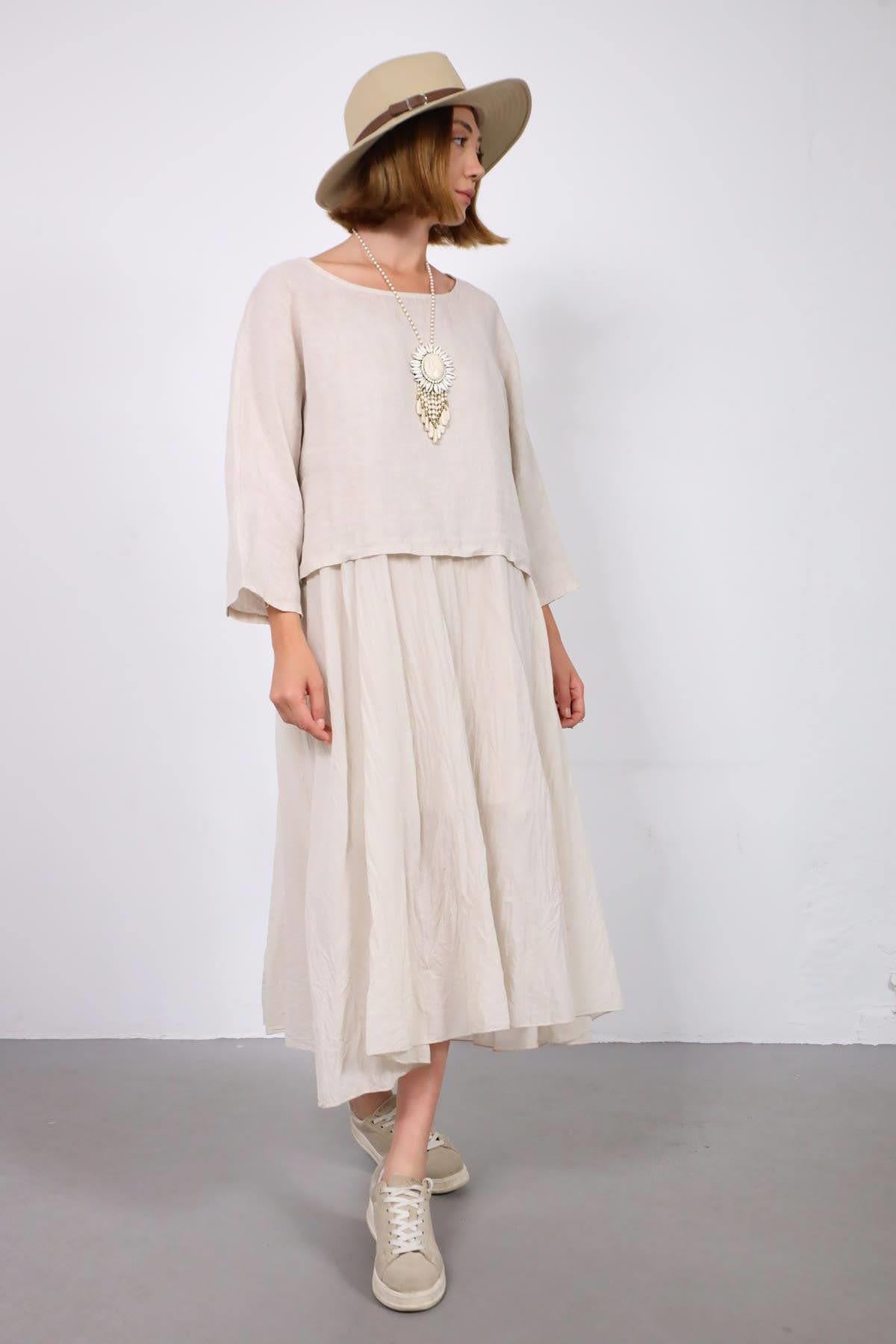 Krem Rengi Bluz Detaylı Askılı Keten Elbise - Şaman Butik Krem Rengi Bluz Detaylı Askılı Keten Elbise