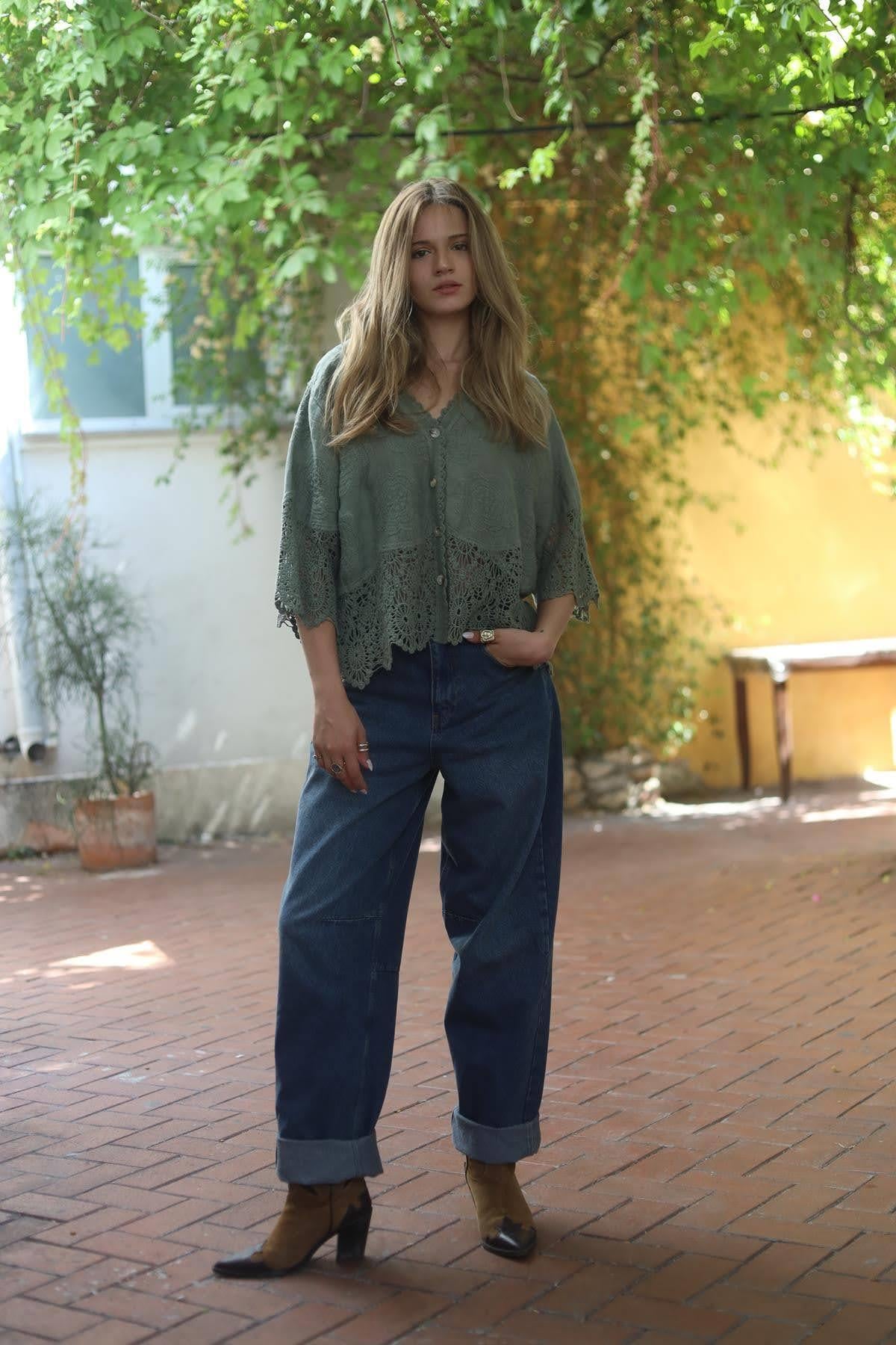 Khaki Floral Patterned Lace Linen Blouse