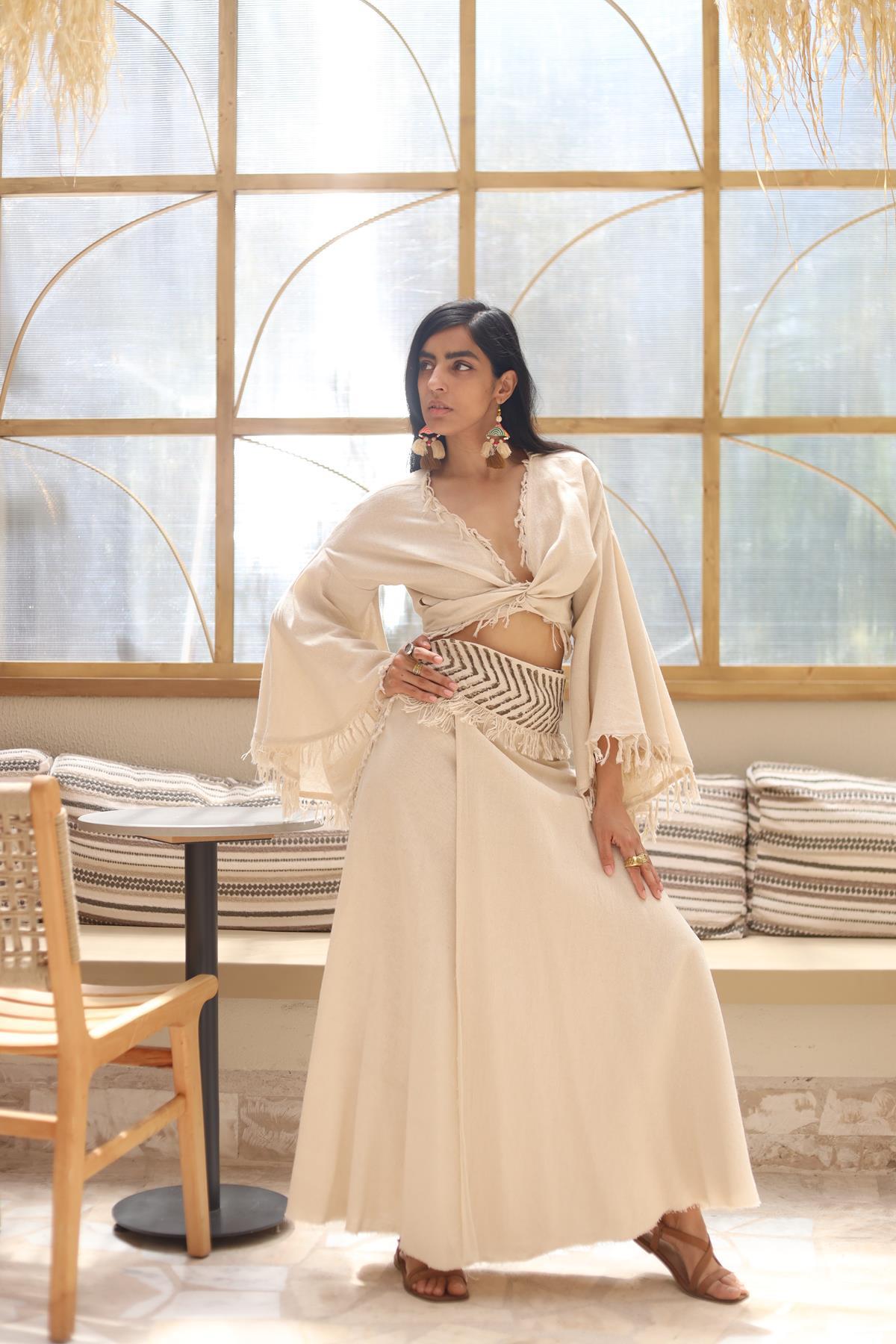 Cream Color Piece Detailed Wrap Skirt