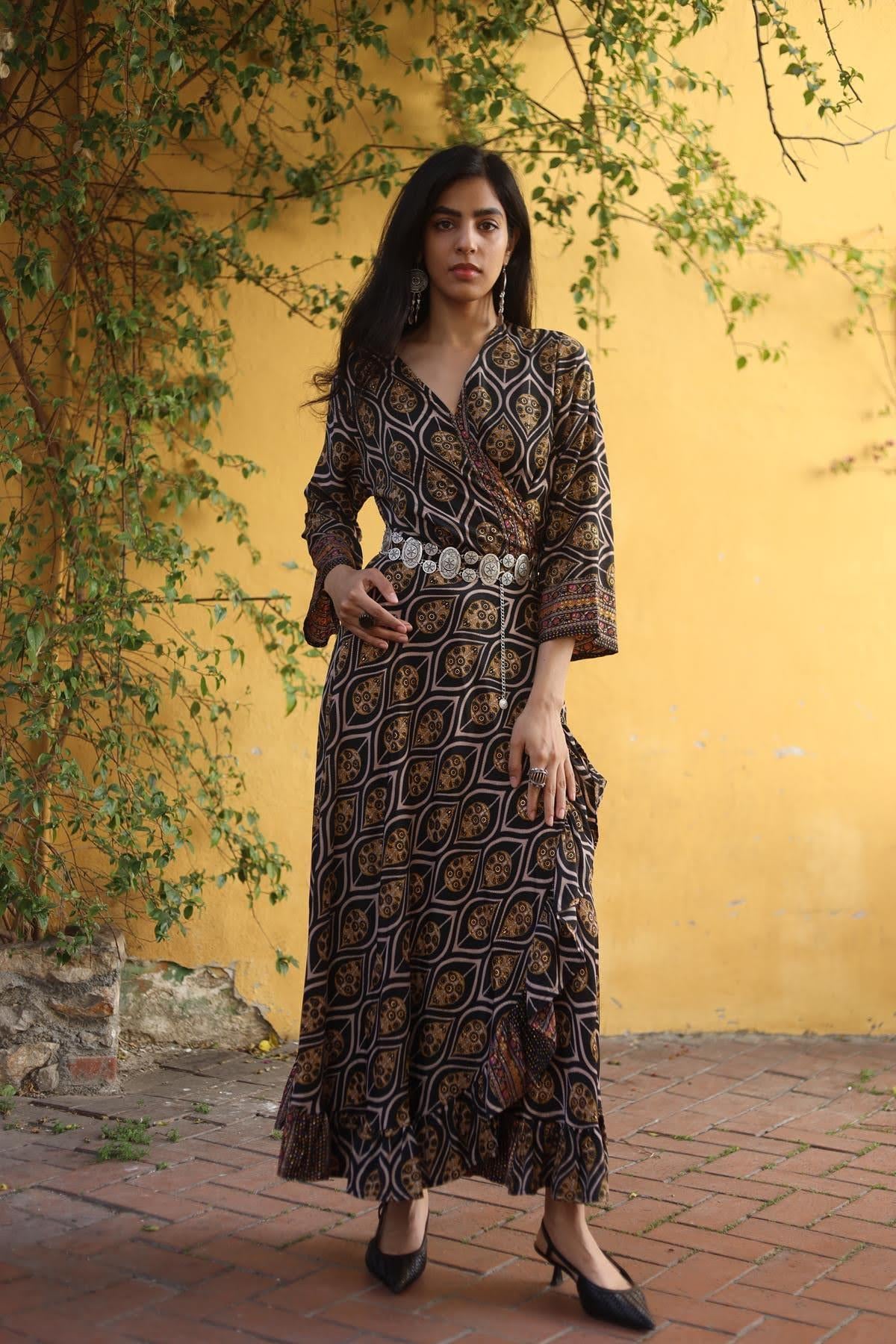 Black Patterned Wrap Silk Dress