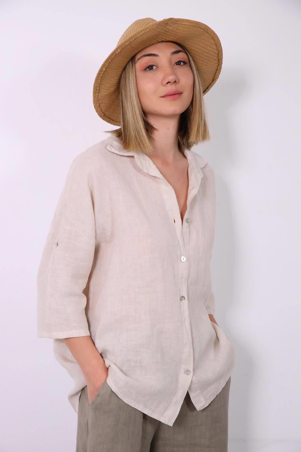 Krem Rengi Kolları Apoletli Keten Gömlek - Şaman Butik Krem Rengi Kolları Apoletli Keten Gömlek