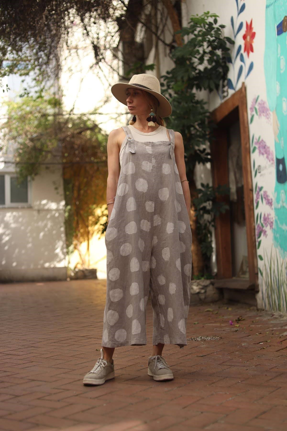 Vizon Rengi Puantiyeli Keten Salopet Tulum