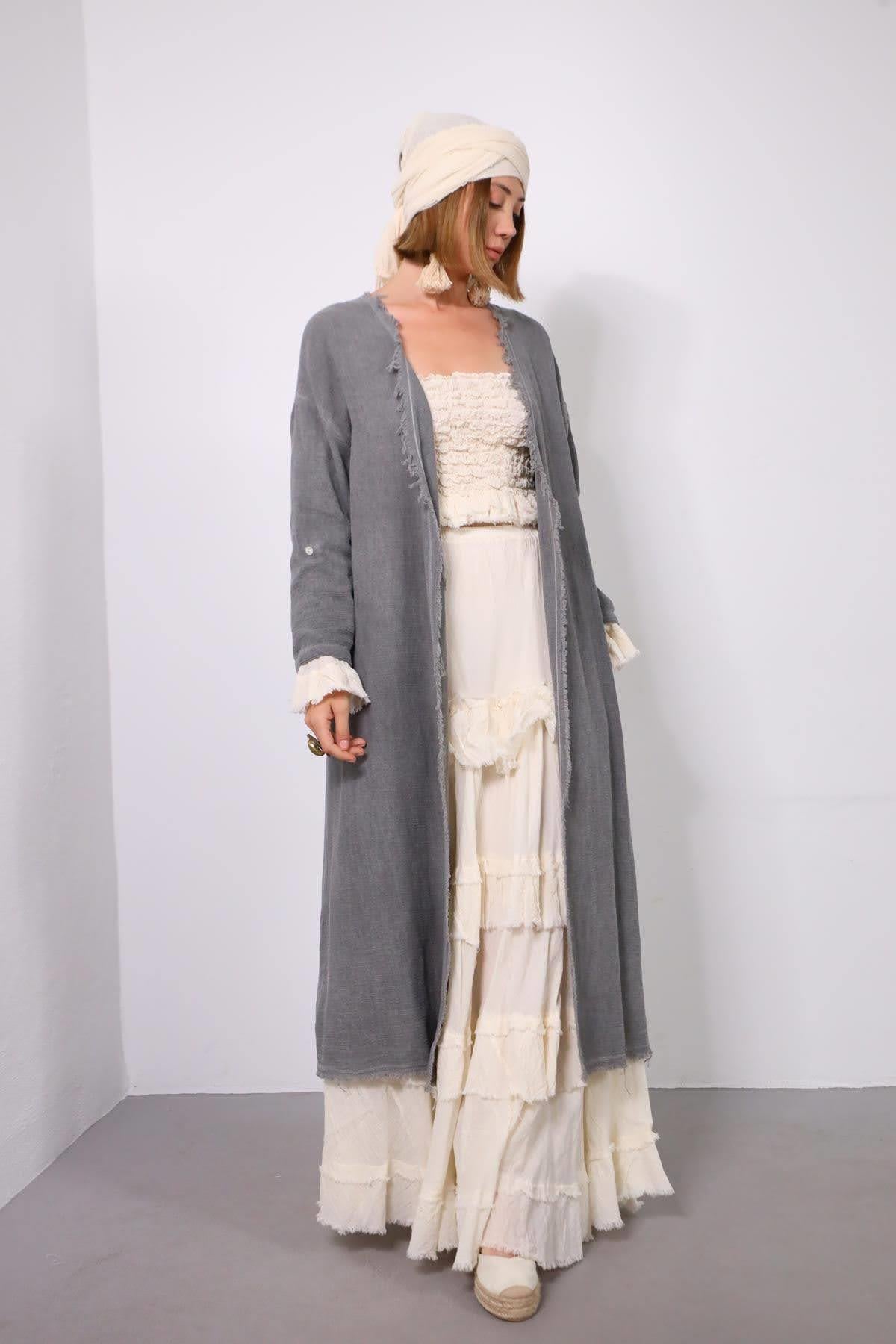 Gray Fringed Straight Cut Caftan - Saman Butik | Shop Online Gray Fringed Straight Cut Caftan