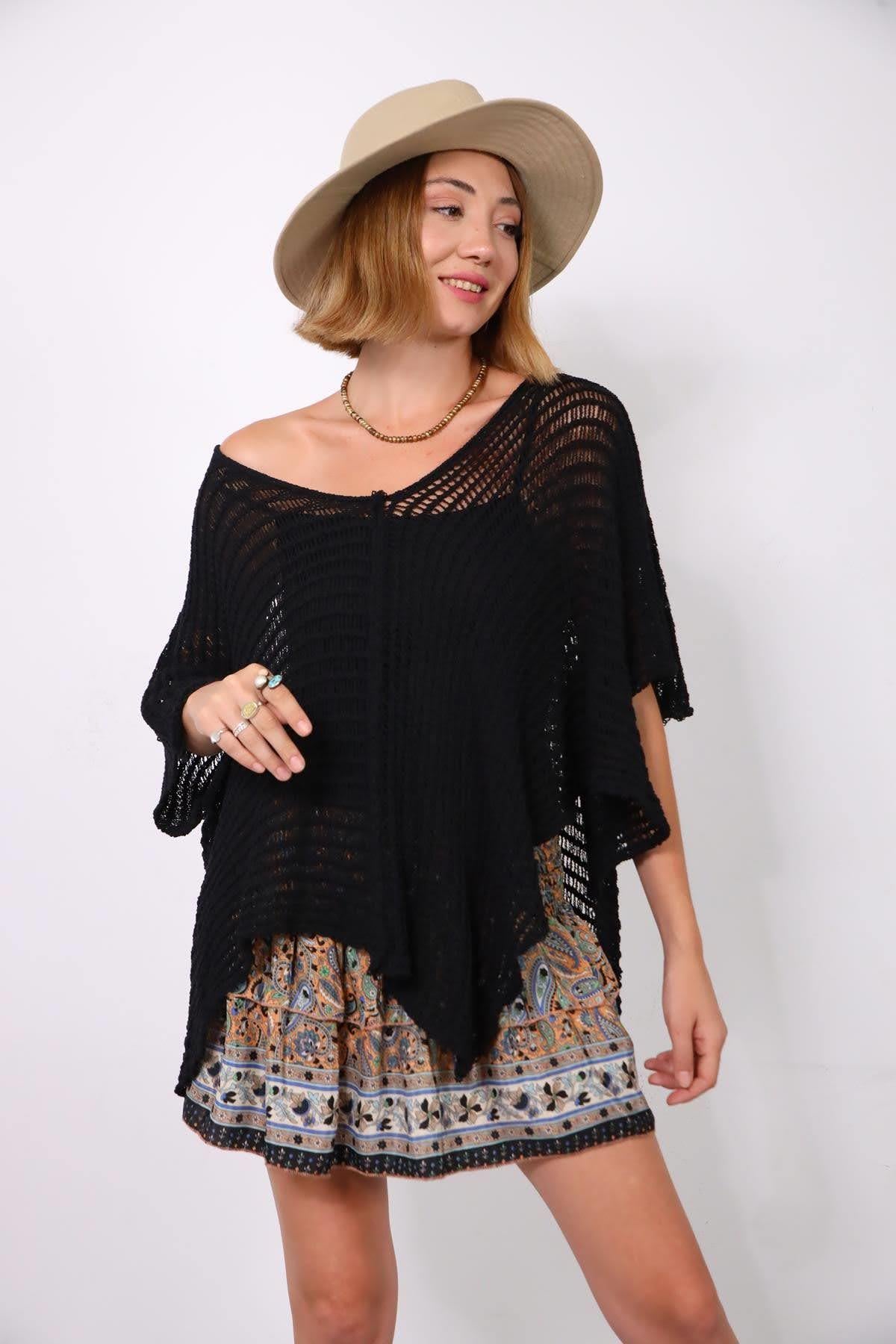 Black Wide Sleeve Asymmetric Knitted Blouse - Saman Butik | Shop Online Black Wide Sleeve Asymmetric Knitted Blouse