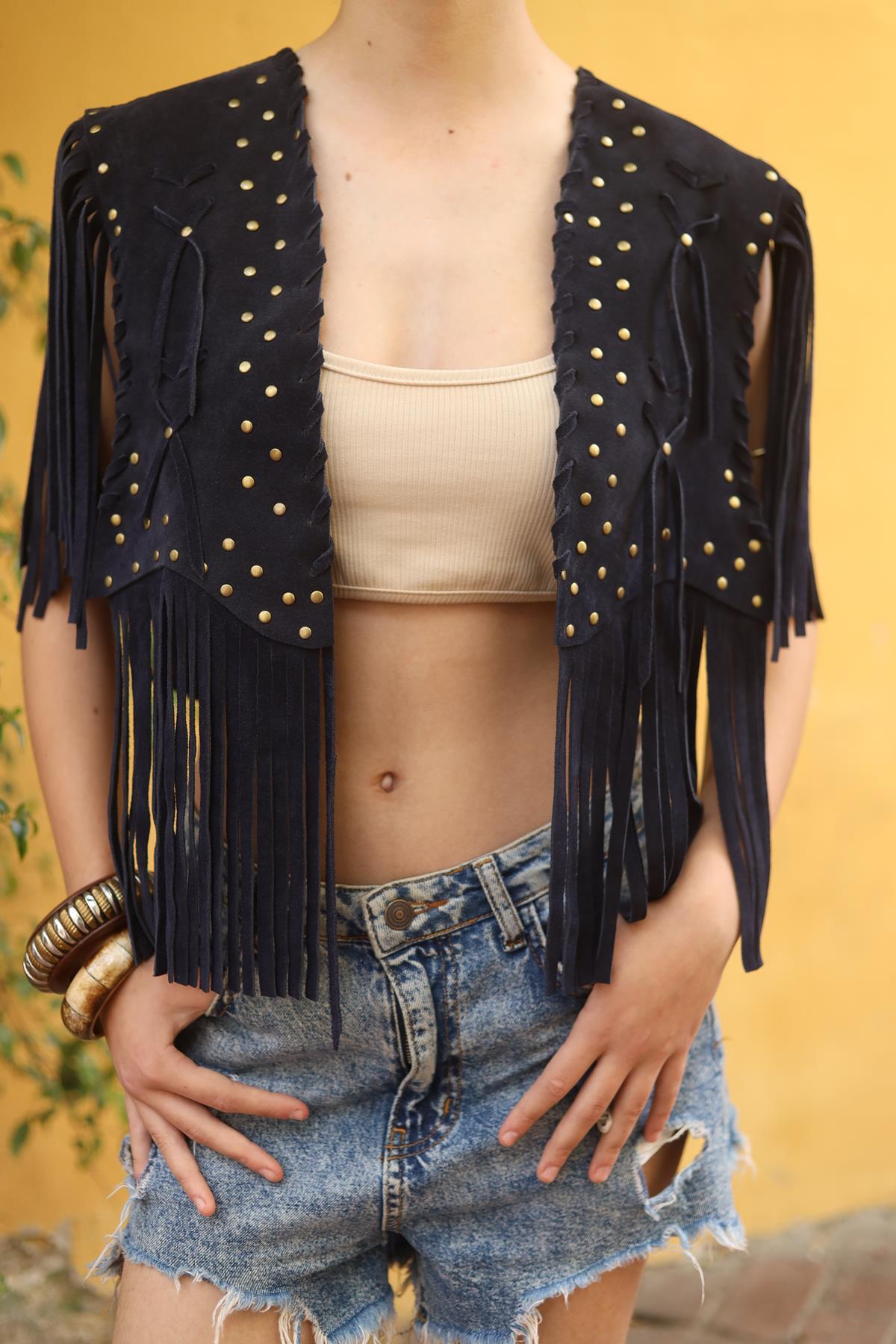 Navy Blue Fringed Spotted Leather Vest