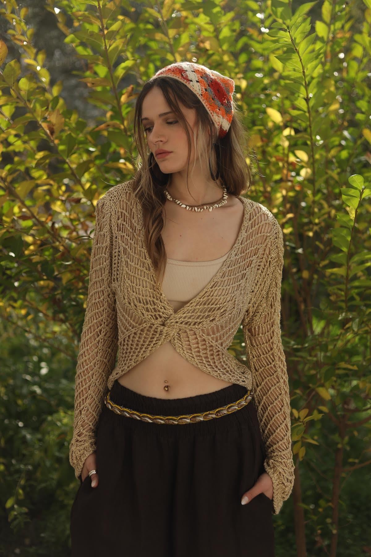 Gold Rengi Simli Önü Çapraz Merserize Bluz