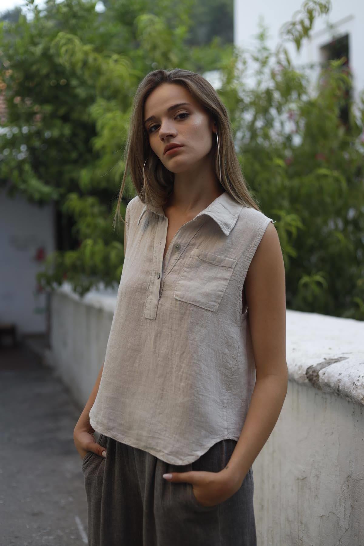 Cream Color Sleeveless Linen Blouse