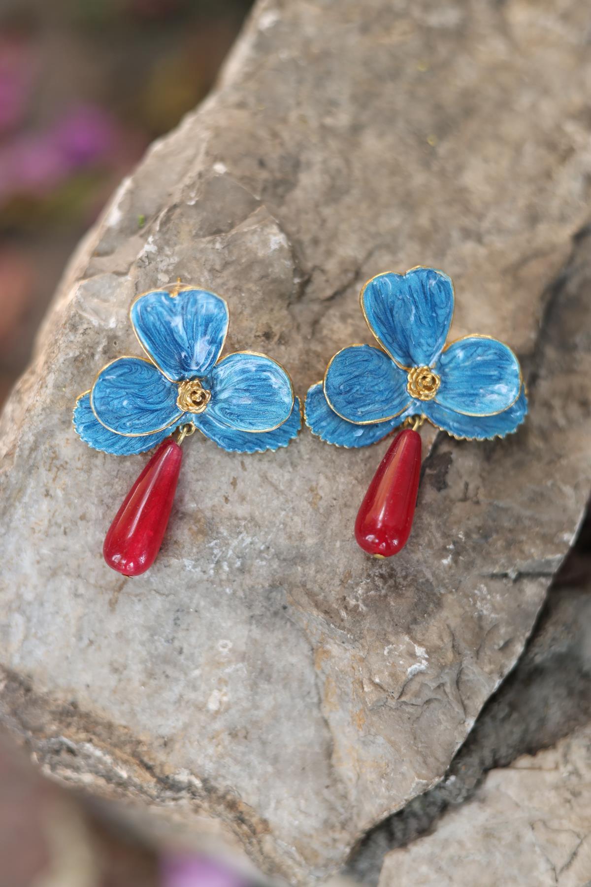 Blue Enamel Flower Earrings