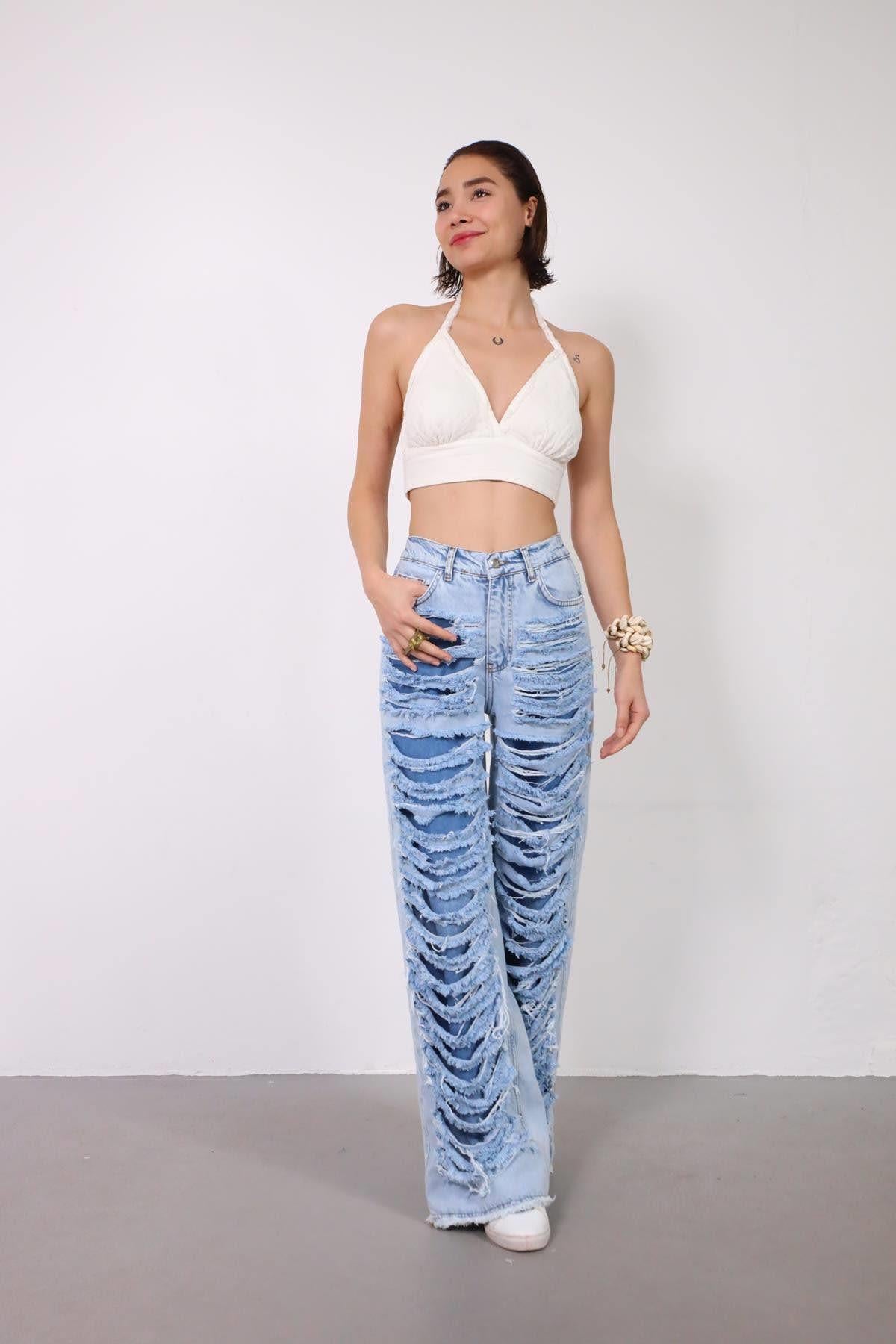 Mavi Paçası Püsküllü Yırtık Kot Pantolon - Şaman Butik Mavi Paçası Püsküllü Yırtık Kot Pantolon