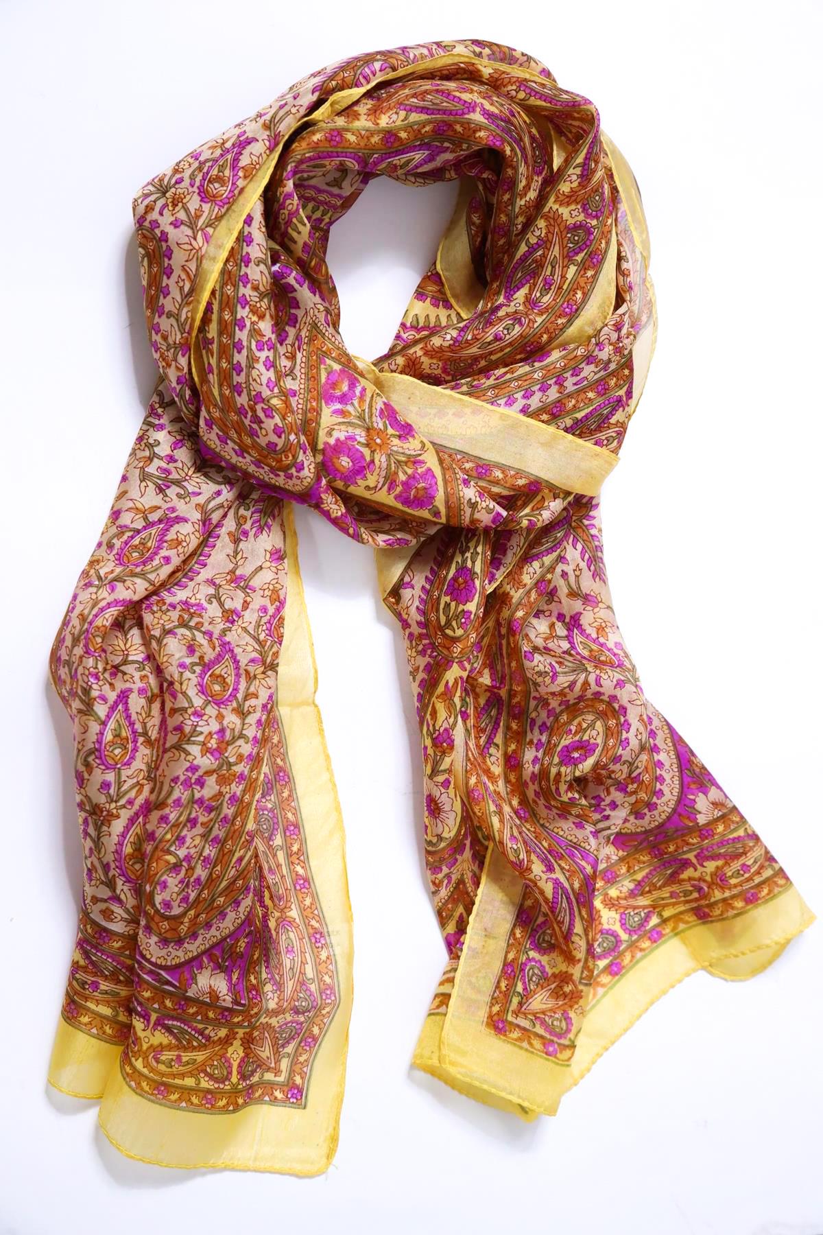 Safran Rengi Desenli İpek Şal - Şaman Butik Safran Rengi Desenli İpek Şal