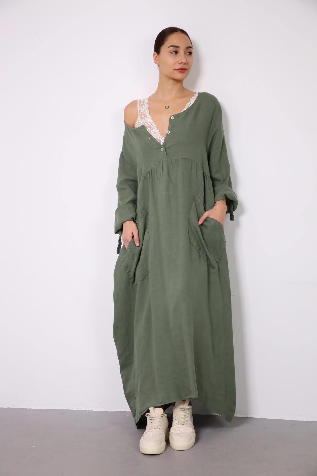 Haki Geniş Cepli Elbise - Şaman Butik - Bohem Giyim ve Aksesuar | Kadın & Erkek Haki Geniş Cepli Elbise