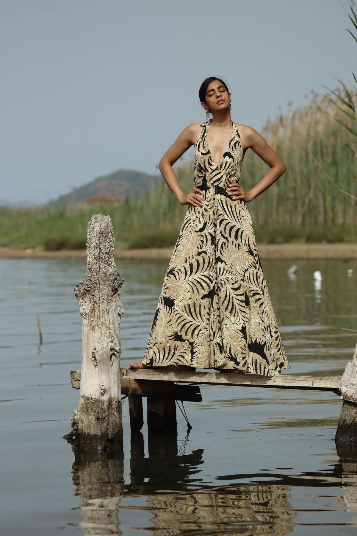 Beige Deep V Neck Tie Neck Silk Dress