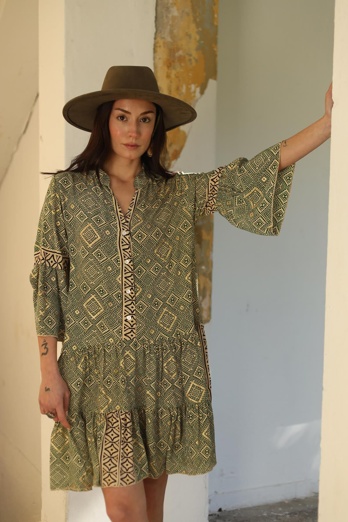 Green Authentic Patterned Silk Dress