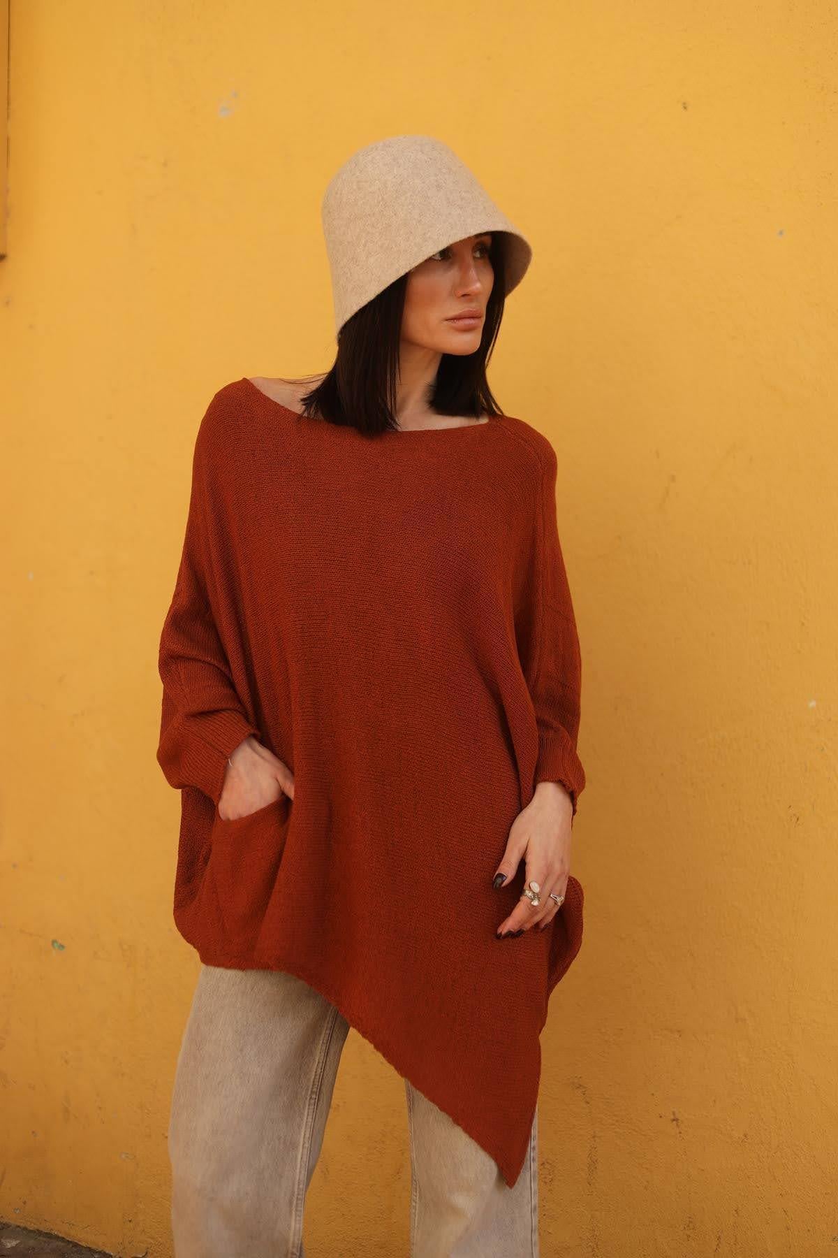 Kiremit Rengi Asimetrik Kesim Cepli Tunik