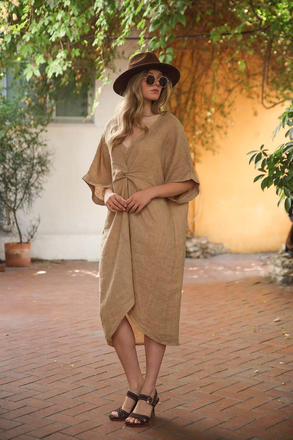 Camel Rengi Önü Büzgülü Keten Elbise