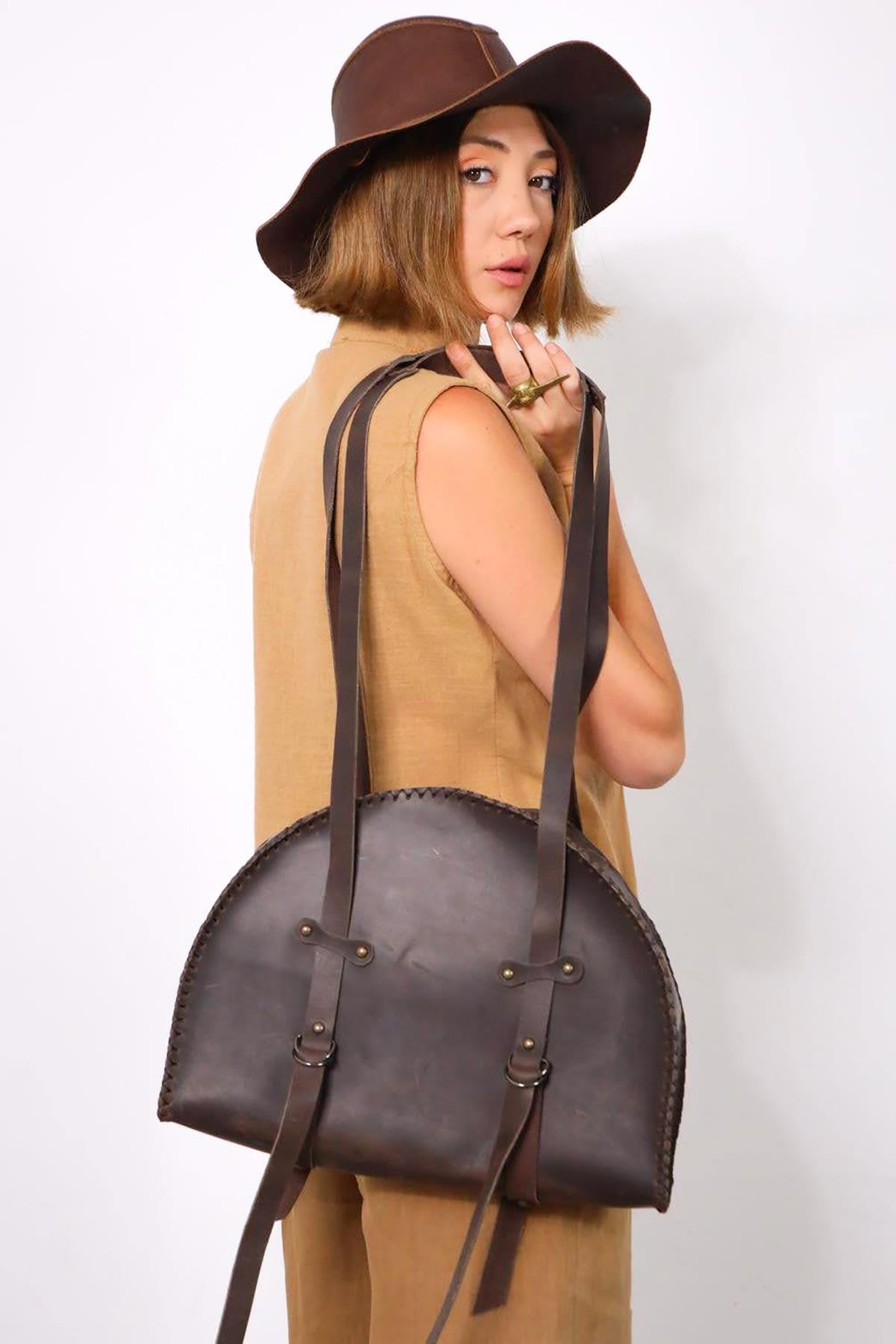 Kahverengi Dikişli Deri Çanta - Şaman Butik Kahverengi Dikişli Deri Çanta