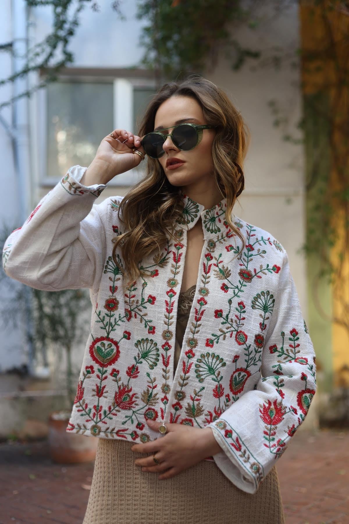 Ekru Nakışlı Etamin Ceket