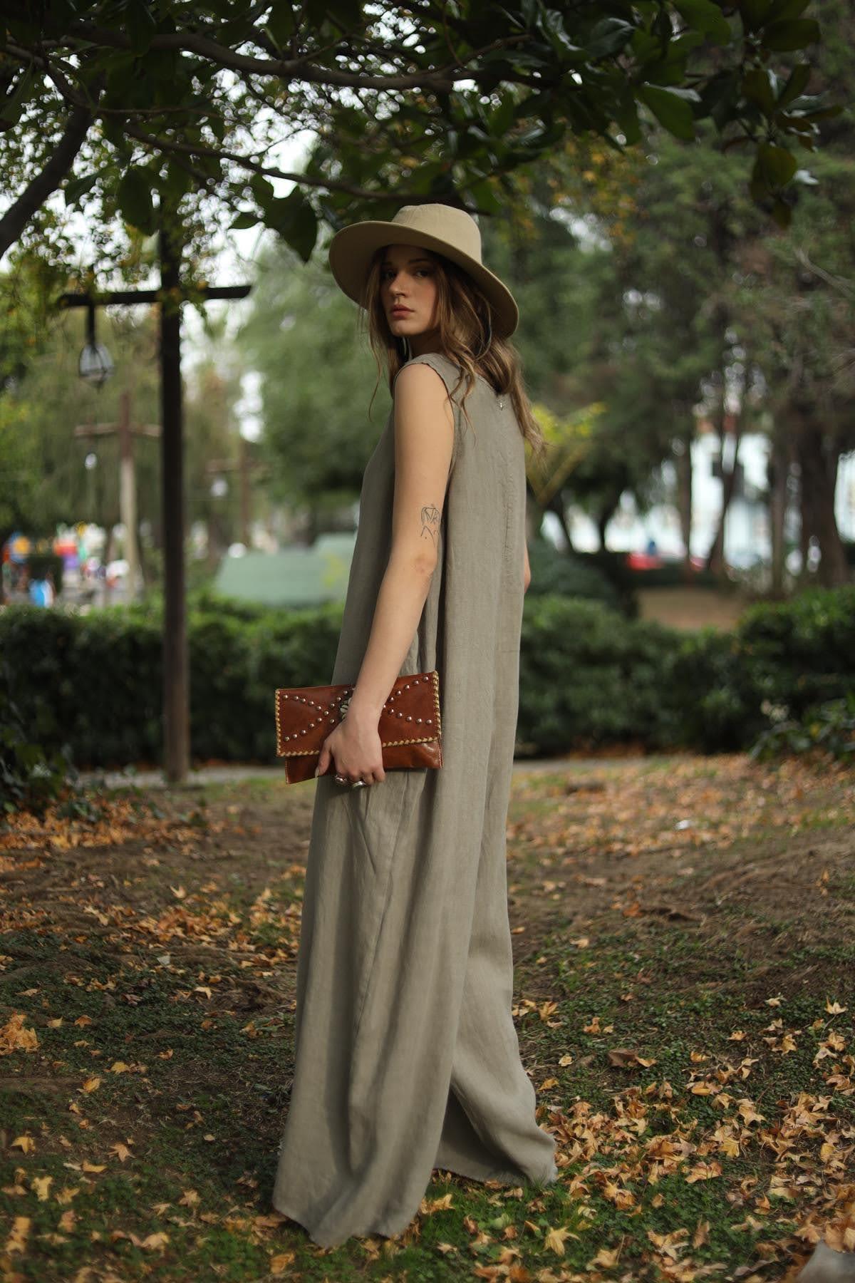 Vizon Rengi Sırtı Fermuarlı Keten Tulum