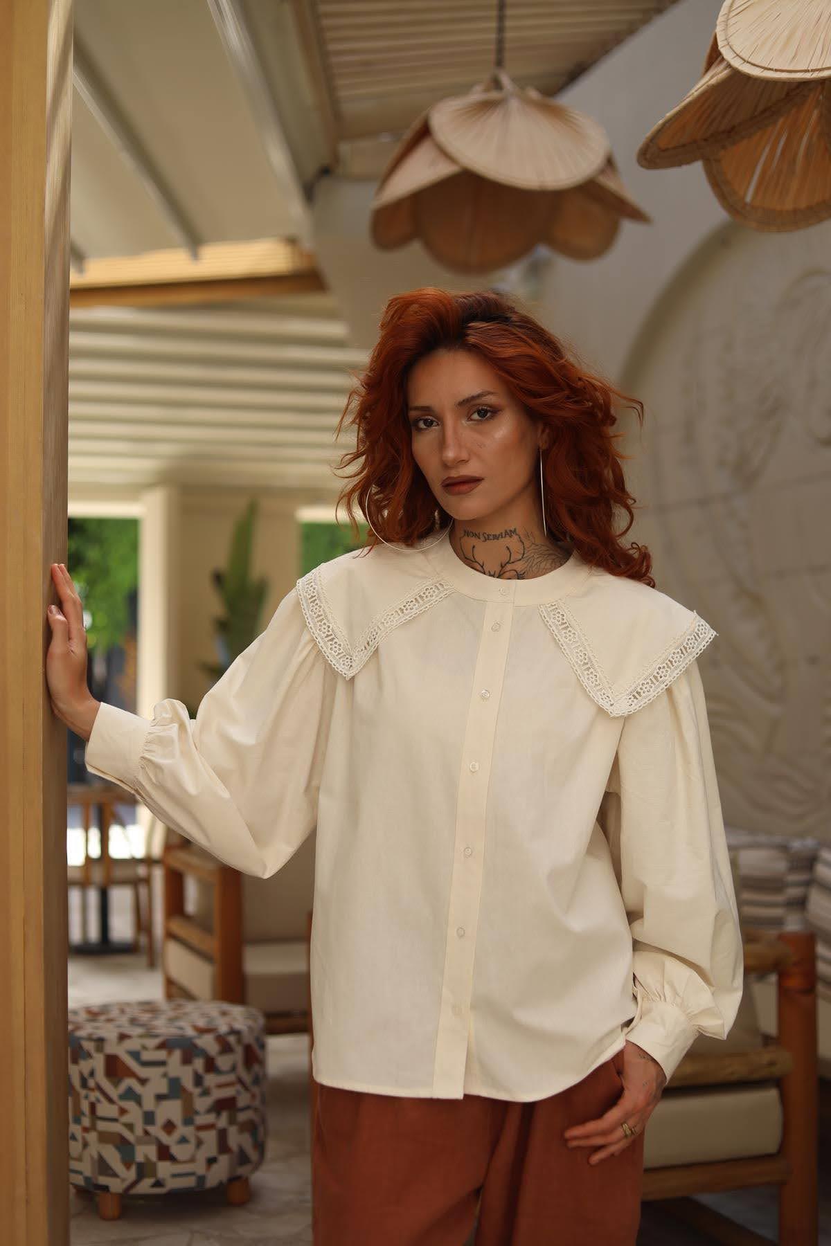 Cream Color Laced Large Collar Shirt