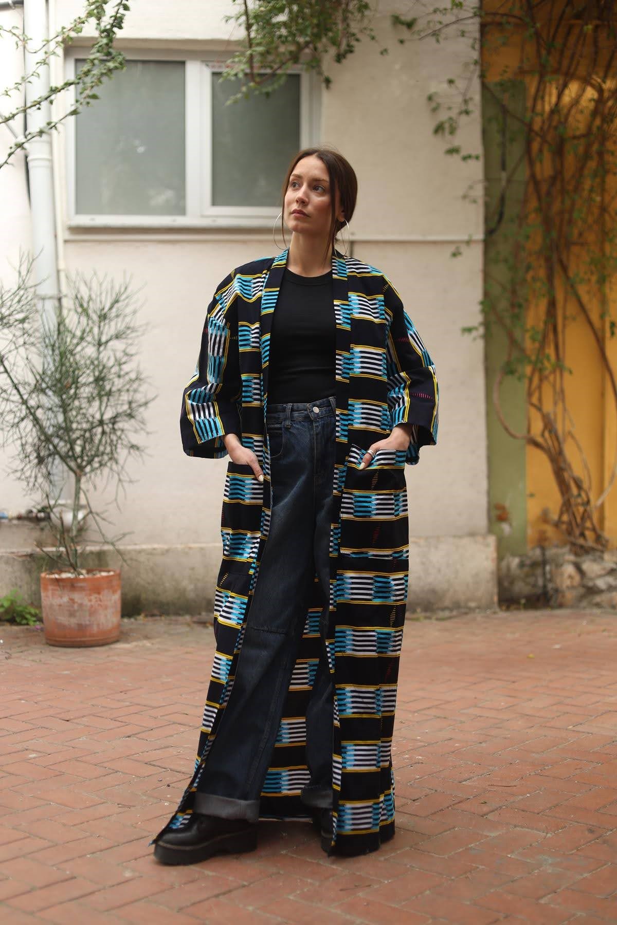Lacivert Büyük Cepli Uzun Kaftan