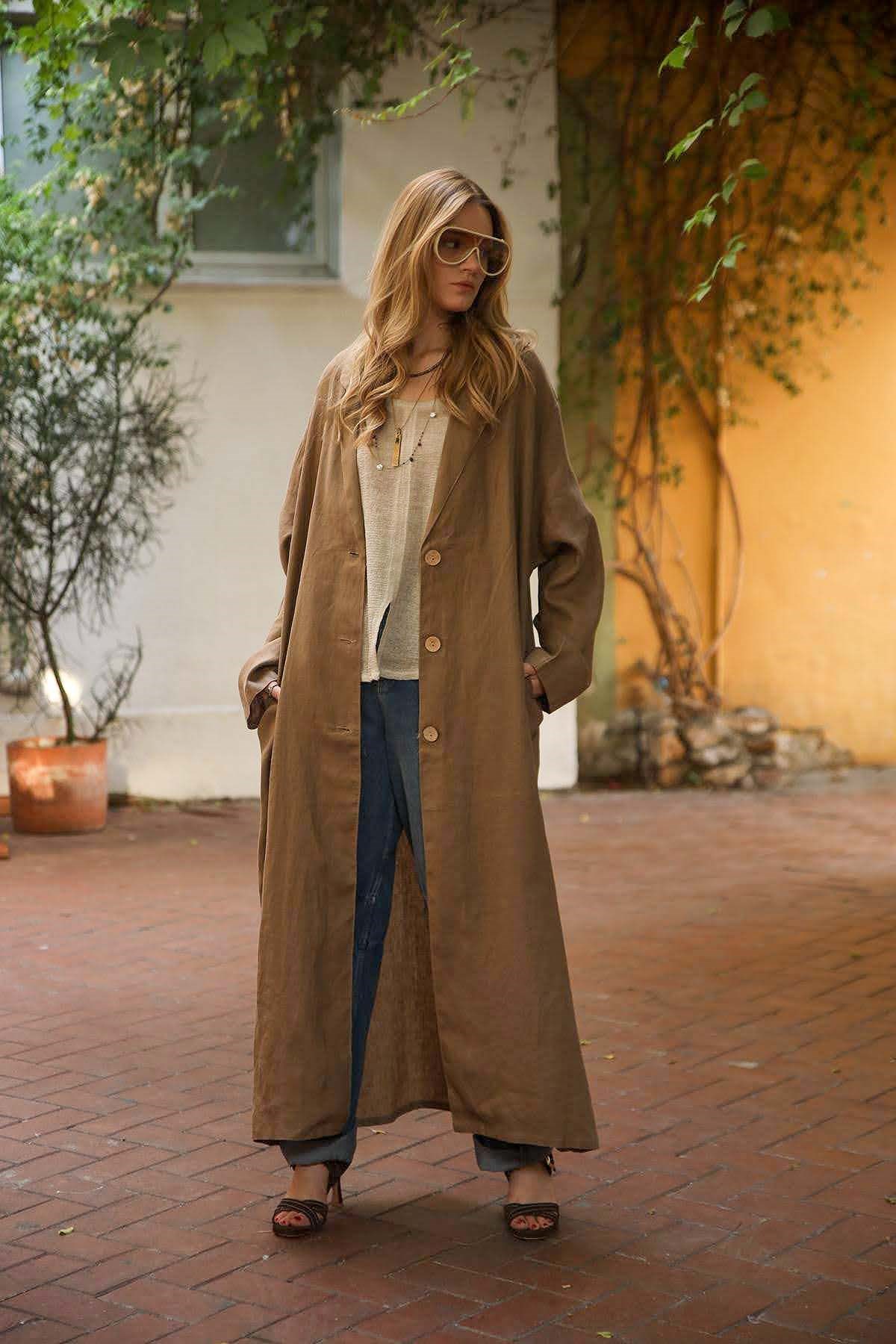 Kahverengi Blazer Yaka Düğmeli Keten Kaftan