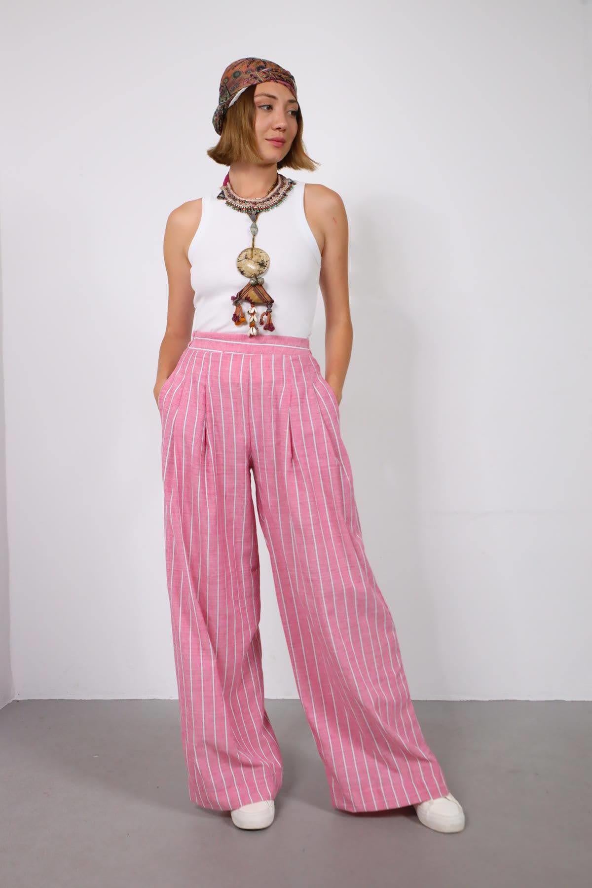Pembe Çizgili Beli Lastikli Pileli Salaş Pantolon - Şaman Butik Pembe Çizgili Beli Lastikli Pileli Salaş Pantolon