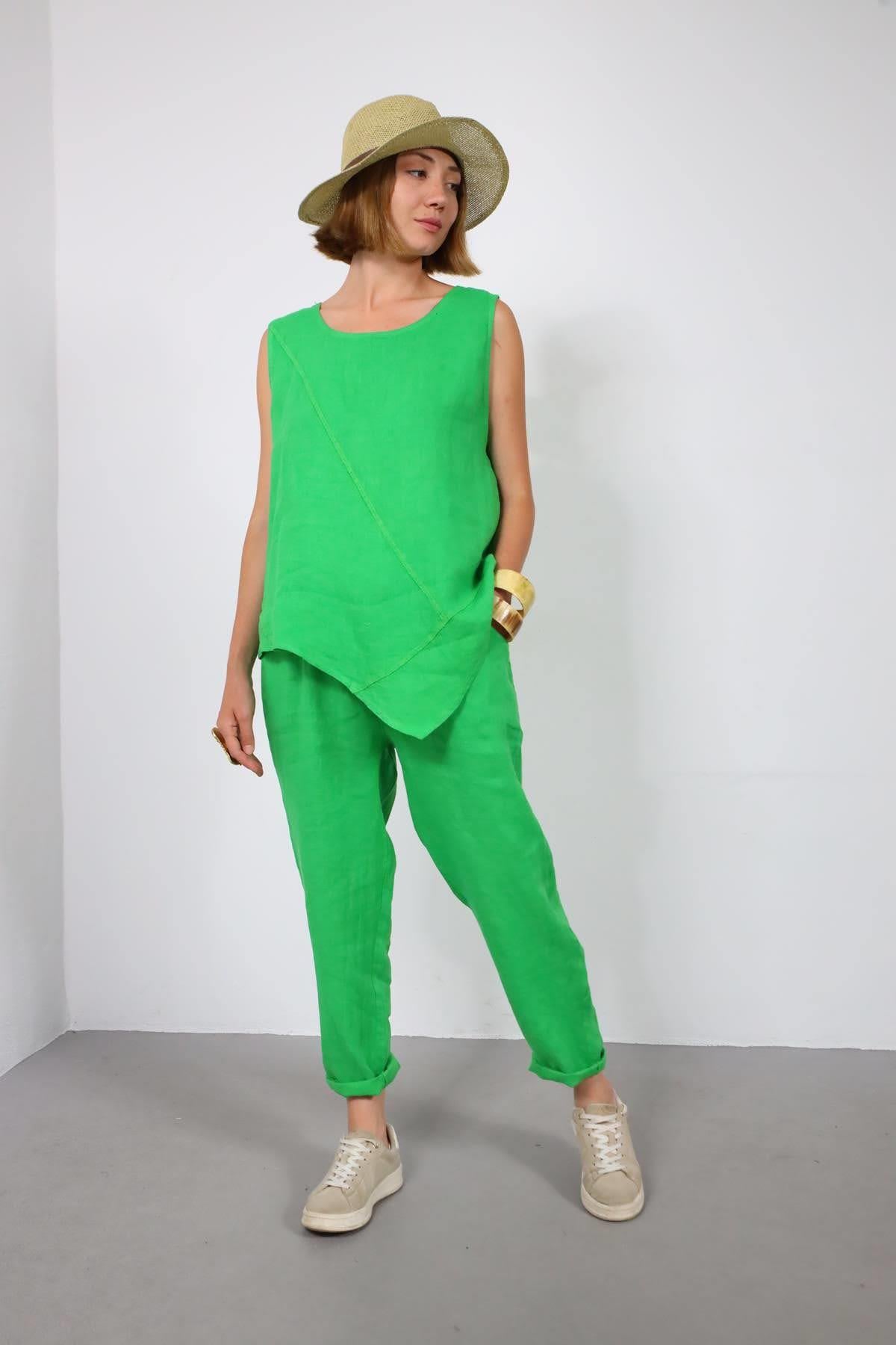 Yeşil Dikişli Sıfır Kol Bluz ve Pantolon Keten Takım - Şaman Butik Yeşil Dikişli Sıfır Kol Bluz ve Pantolon Keten Takım