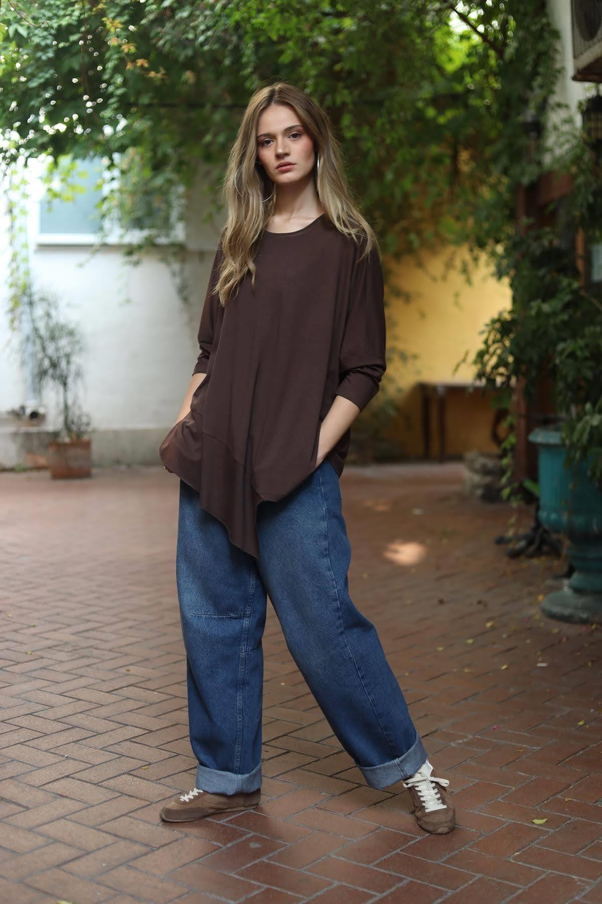 Brown Patched Hem Blouse