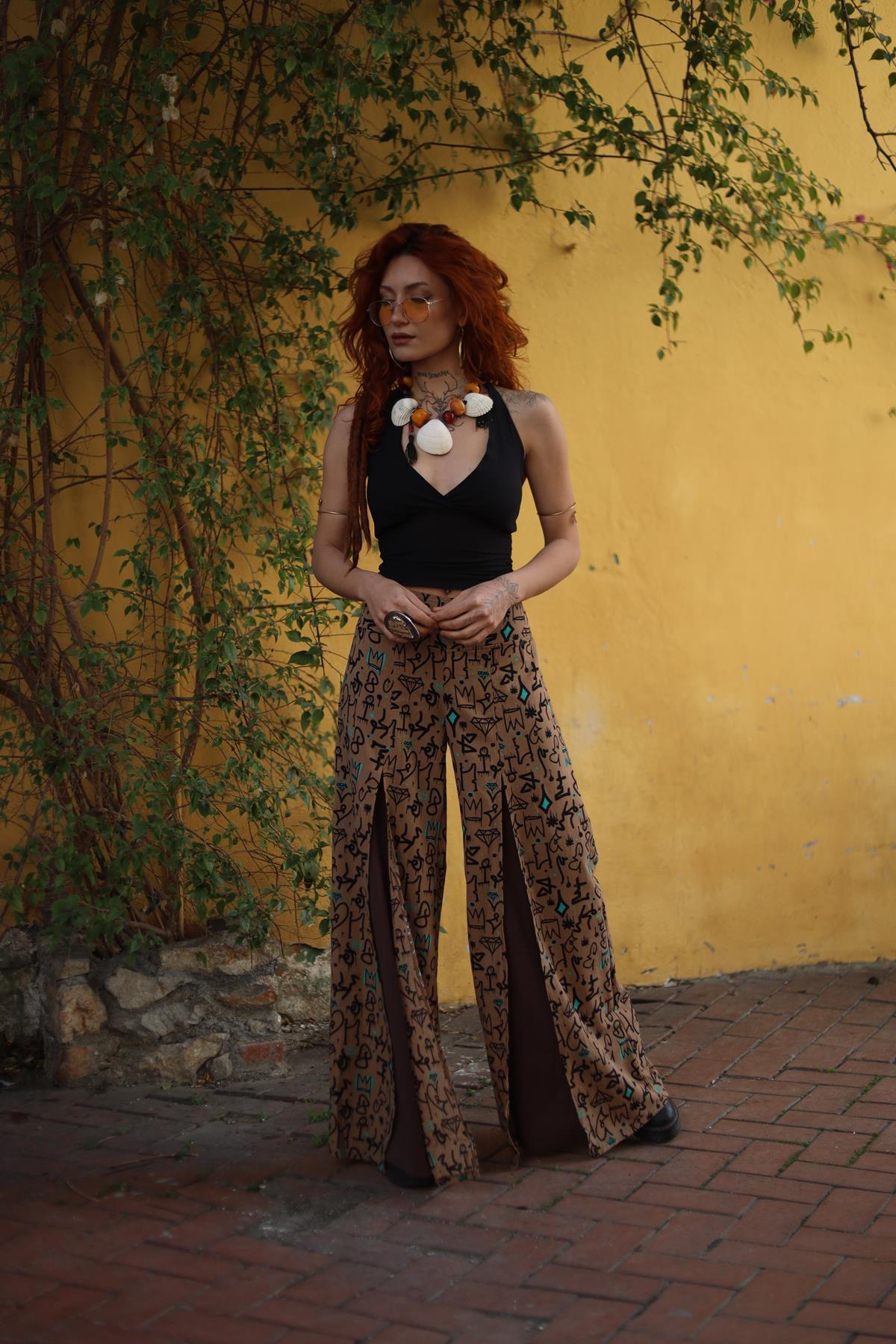 Brown Color Patterned Loose Pants