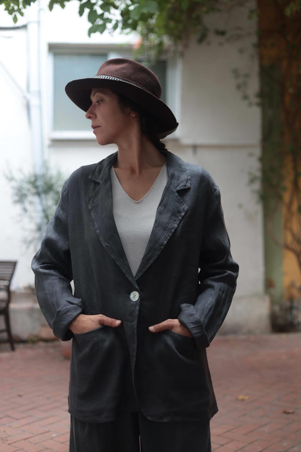 Antrasit Cepli Tek Düğmeli Keten Ceket