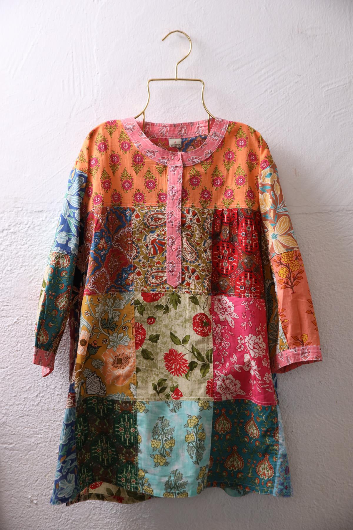 Pink Buttoned Collar Patchwork Tunic