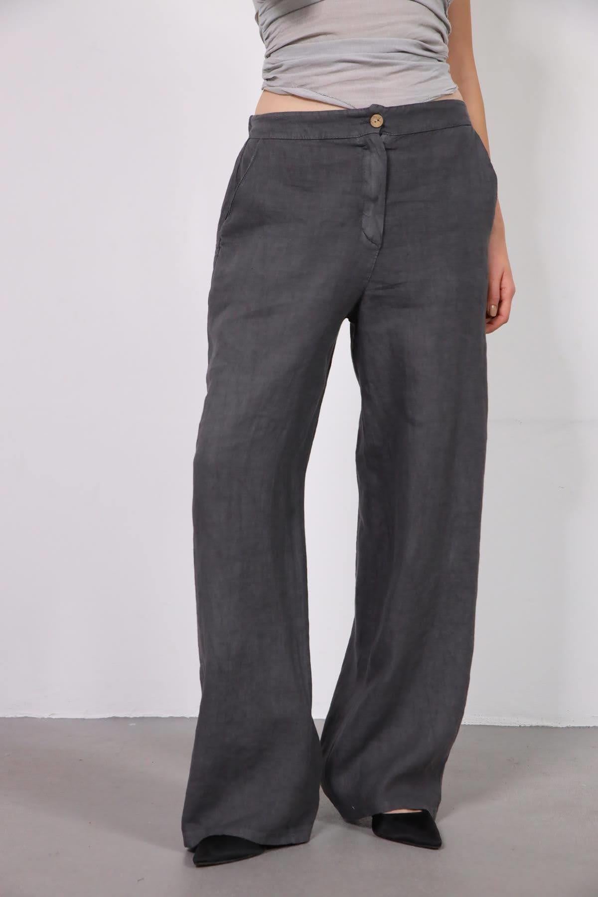 Füme Beli Lastikli Düğmeli Keten Pantolon - Şaman Butik Füme Beli Lastikli Düğmeli Keten Pantolon