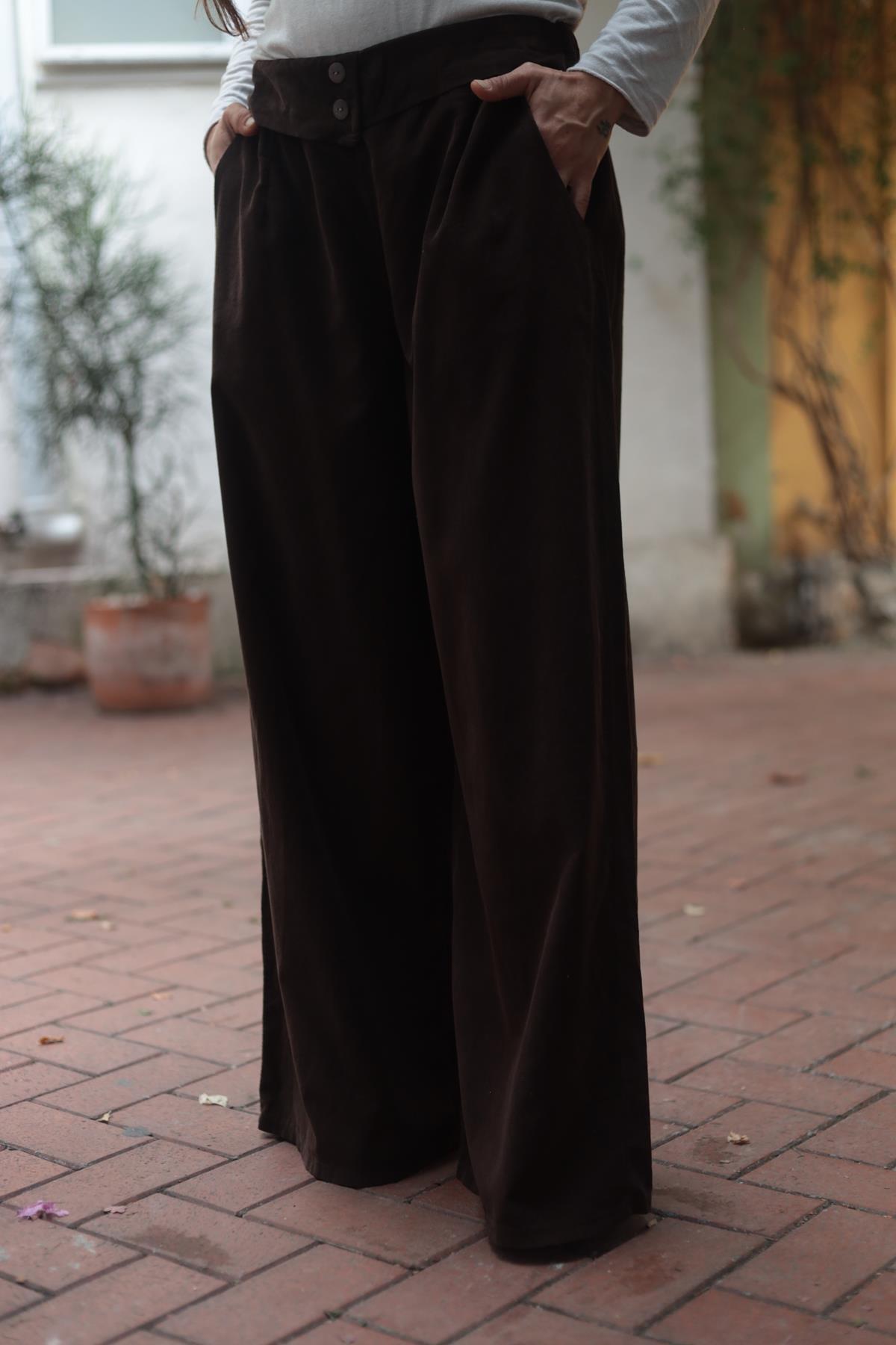 Kahverengi Beli Çift Düğmeli Kadife Pantolon