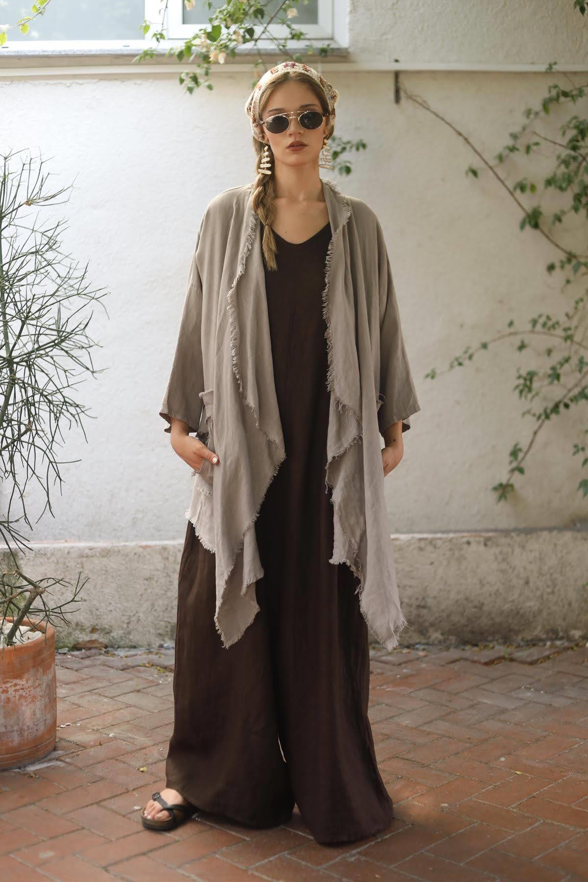 Mink Color Asymmetrical Cut Fringed Short Linen Caftan