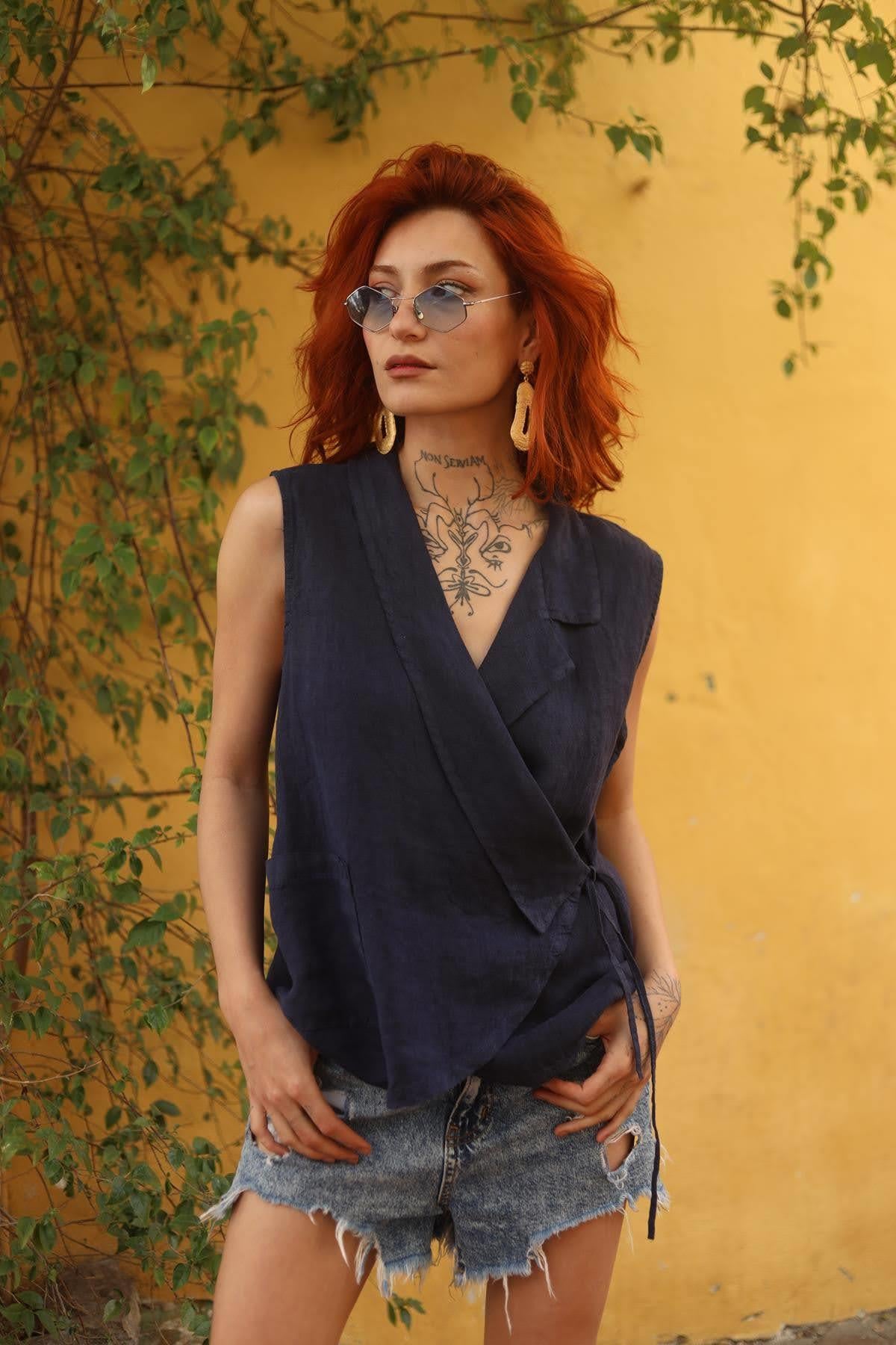 Navy Blue Sleeveless Double Breasted Linen Blouse