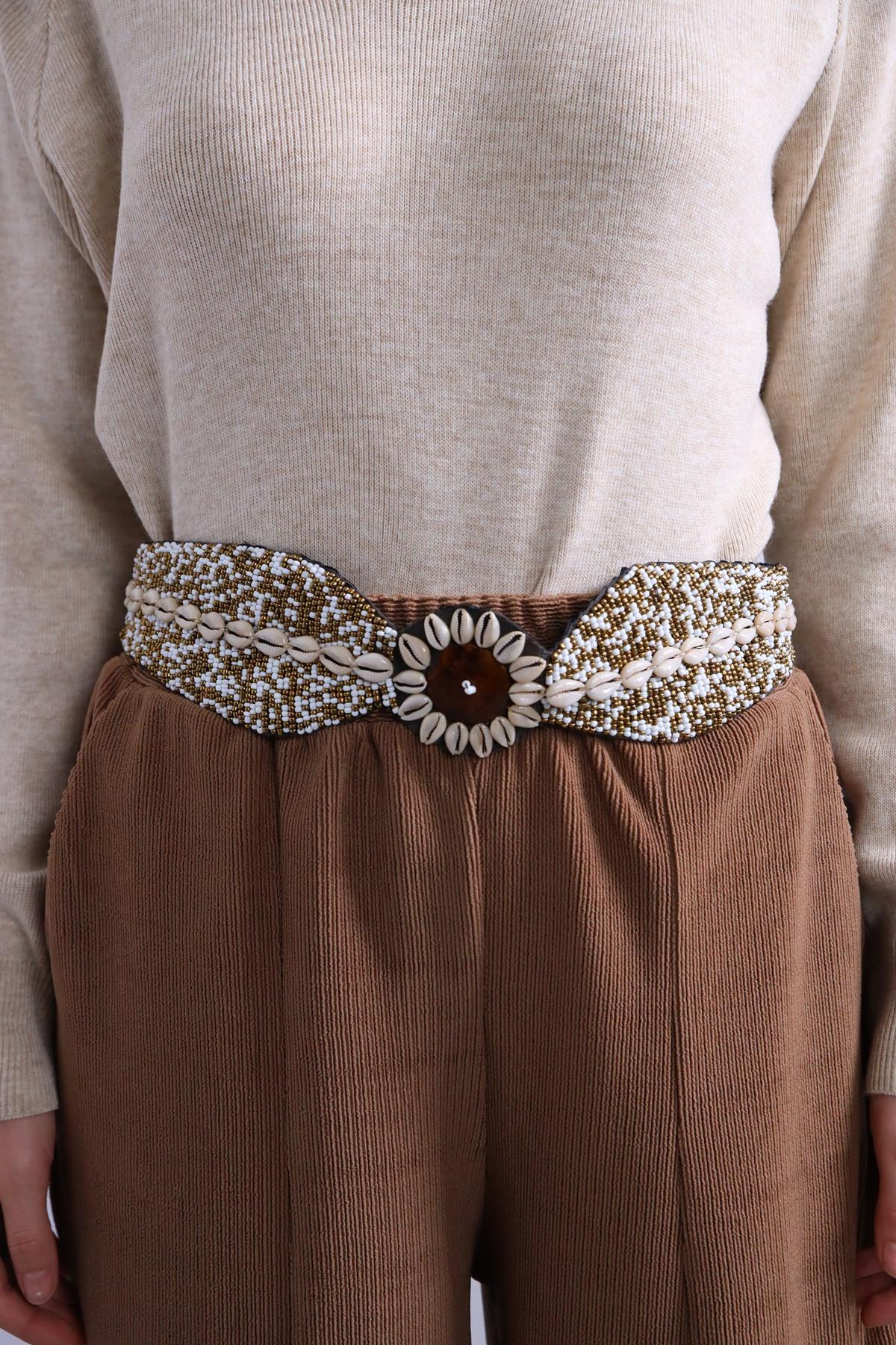 Kahverengi Deniz Kabuğu İşlemeli Kemer - Şaman Butik Kahverengi Deniz Kabuğu İşlemeli Kemer