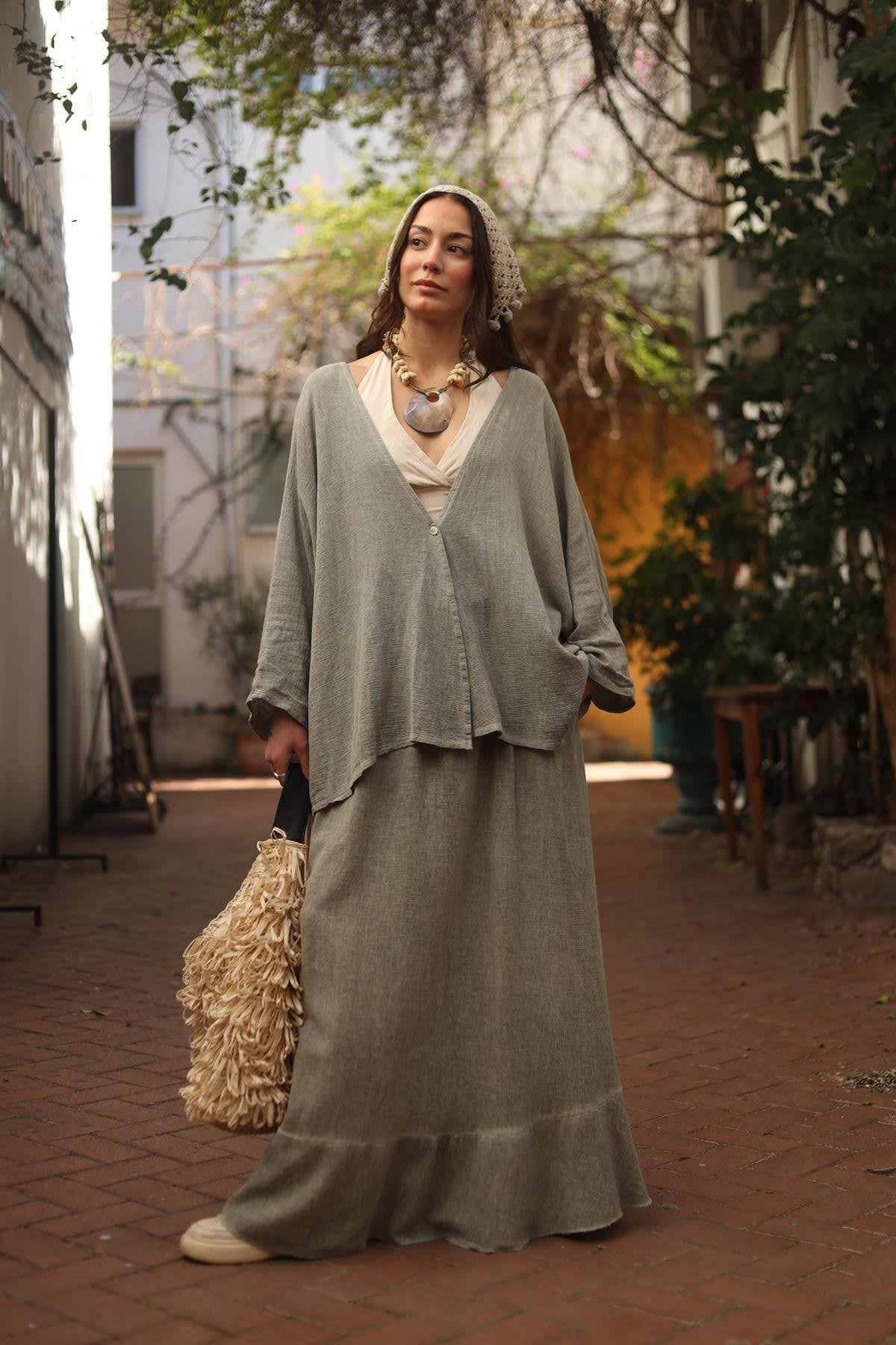 Haki Tek Düğme Keten Hırka