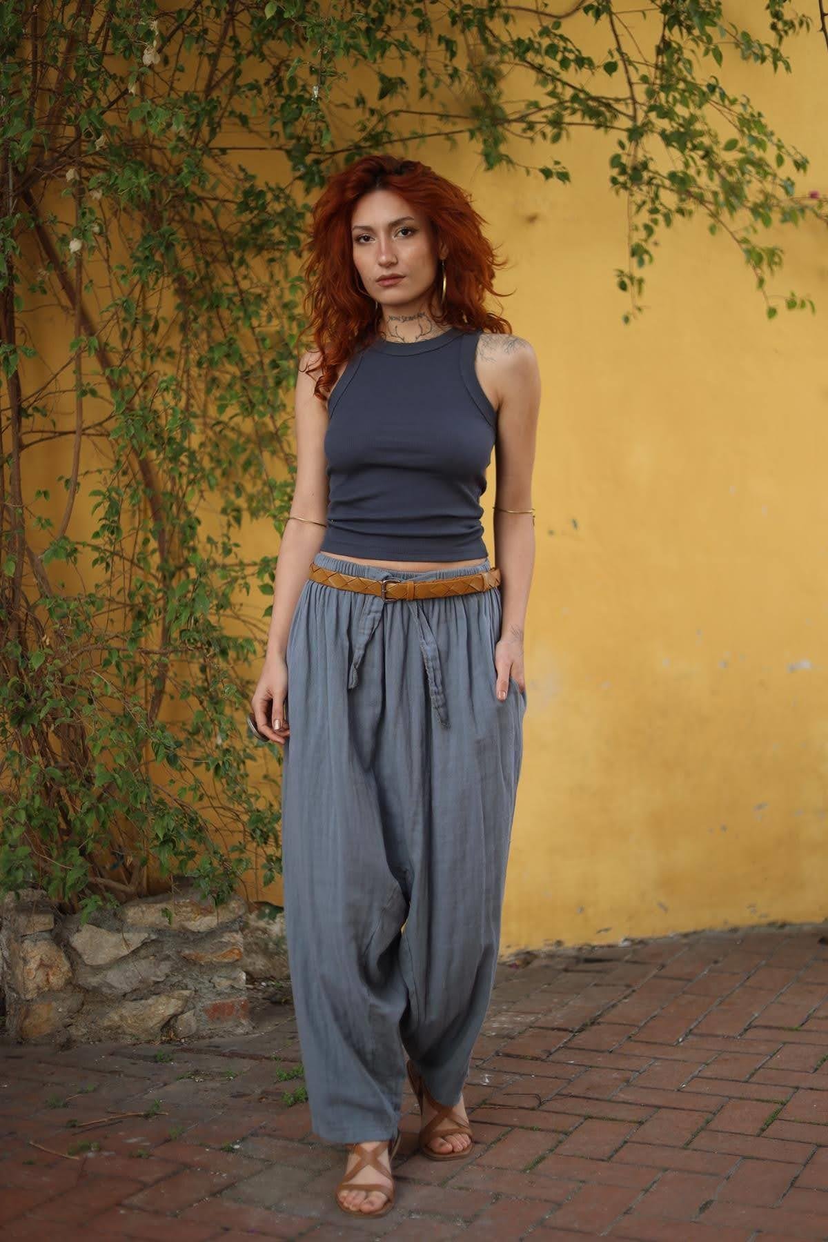 Smoked Corded Waist Muslin Harem Pants