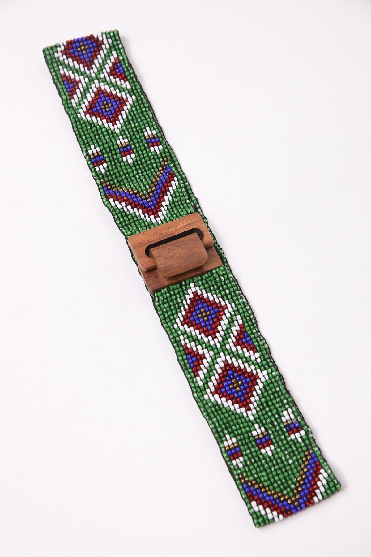 Green Wooden Buckle Detailed Beaded Elastic Belt