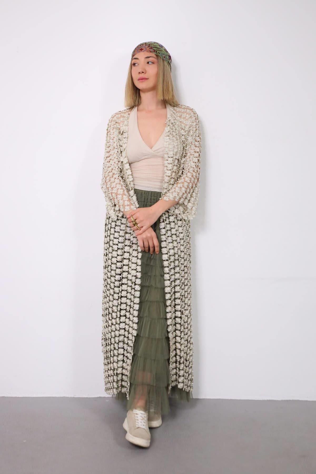 Ekru İncili Örme Şık Kaftan - Şaman Butik Ekru İncili Örme Şık Kaftan