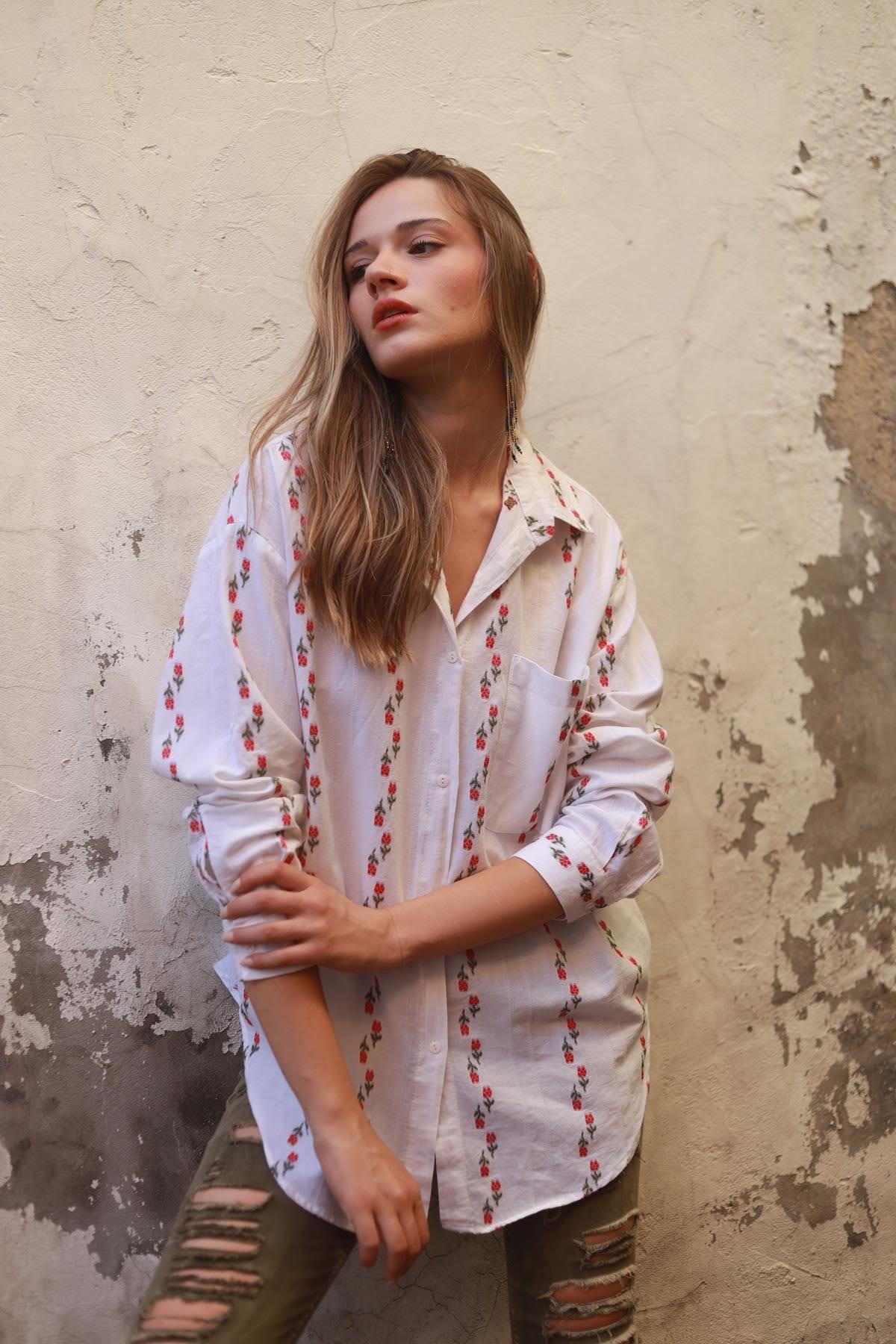 White Flower Embroidered Shirt