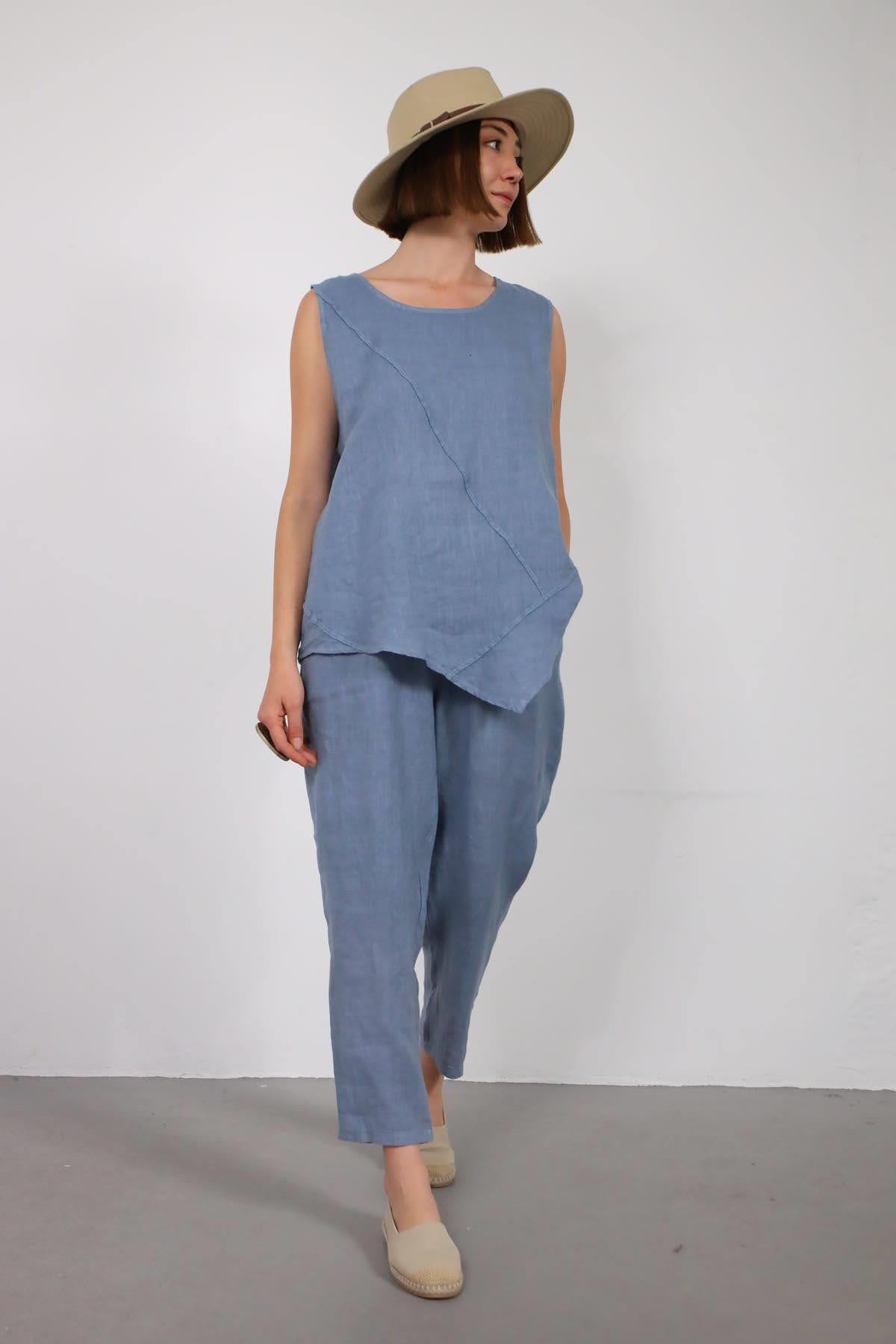 İndigo Mavi Dikişli Sıfır Kol Bluz ve Pantolon Keten Takım - Şaman Butik İndigo Mavi Dikişli Sıfır Kol Bluz ve Pantolon Keten Takım