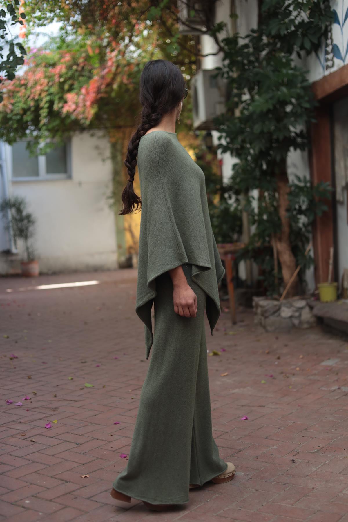 Haki Yumuşak Doku Panço ve Pantolon Takım