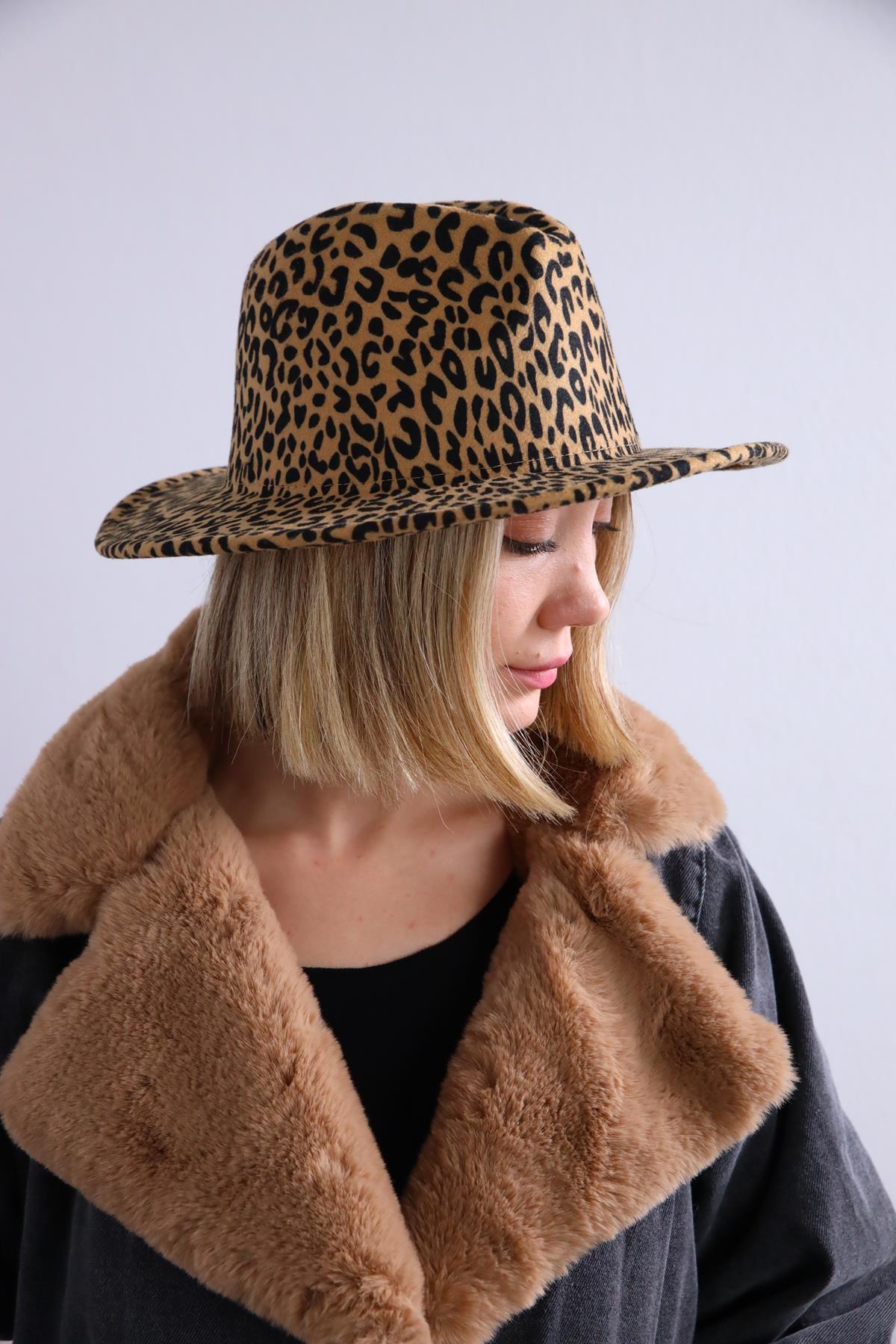 Kahverengi Leopar Desenli Fötr Şapka - Şaman Butik Kahverengi Leopar Desenli Fötr Şapka