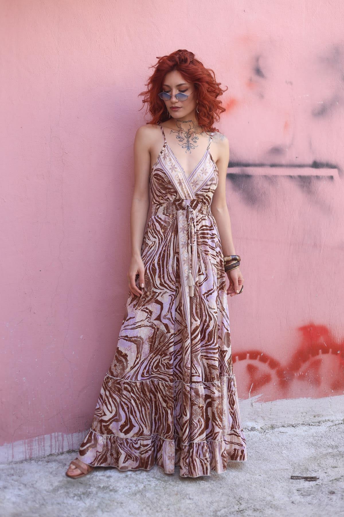 Brown Gold Detailed Silk Dress