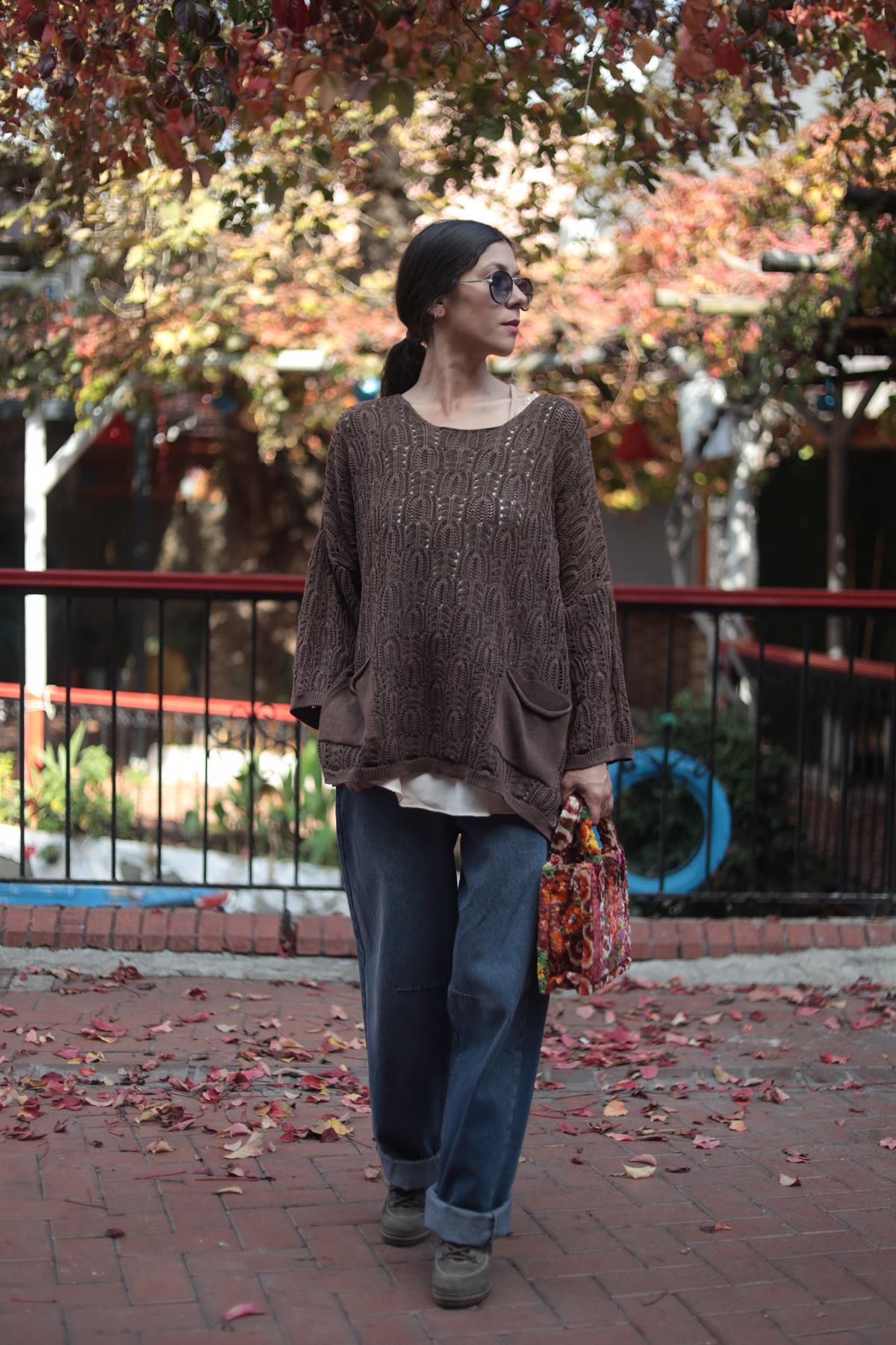 Kahverengi Örgü Desenli Yıkama Triko Tunik