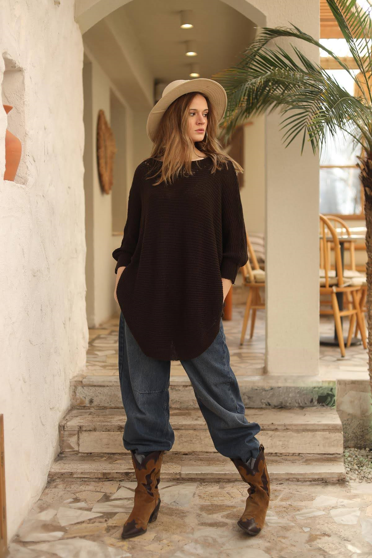 Koyu Kahverengi Yakası Ajurlu Selanik Tunik