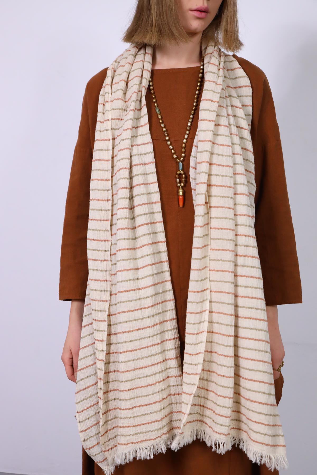 Vizon ve Kiremit Rengi Çizgili Keten Diba Şal - Şaman Butik Vizon ve Kiremit Rengi Çizgili Keten Diba Şal