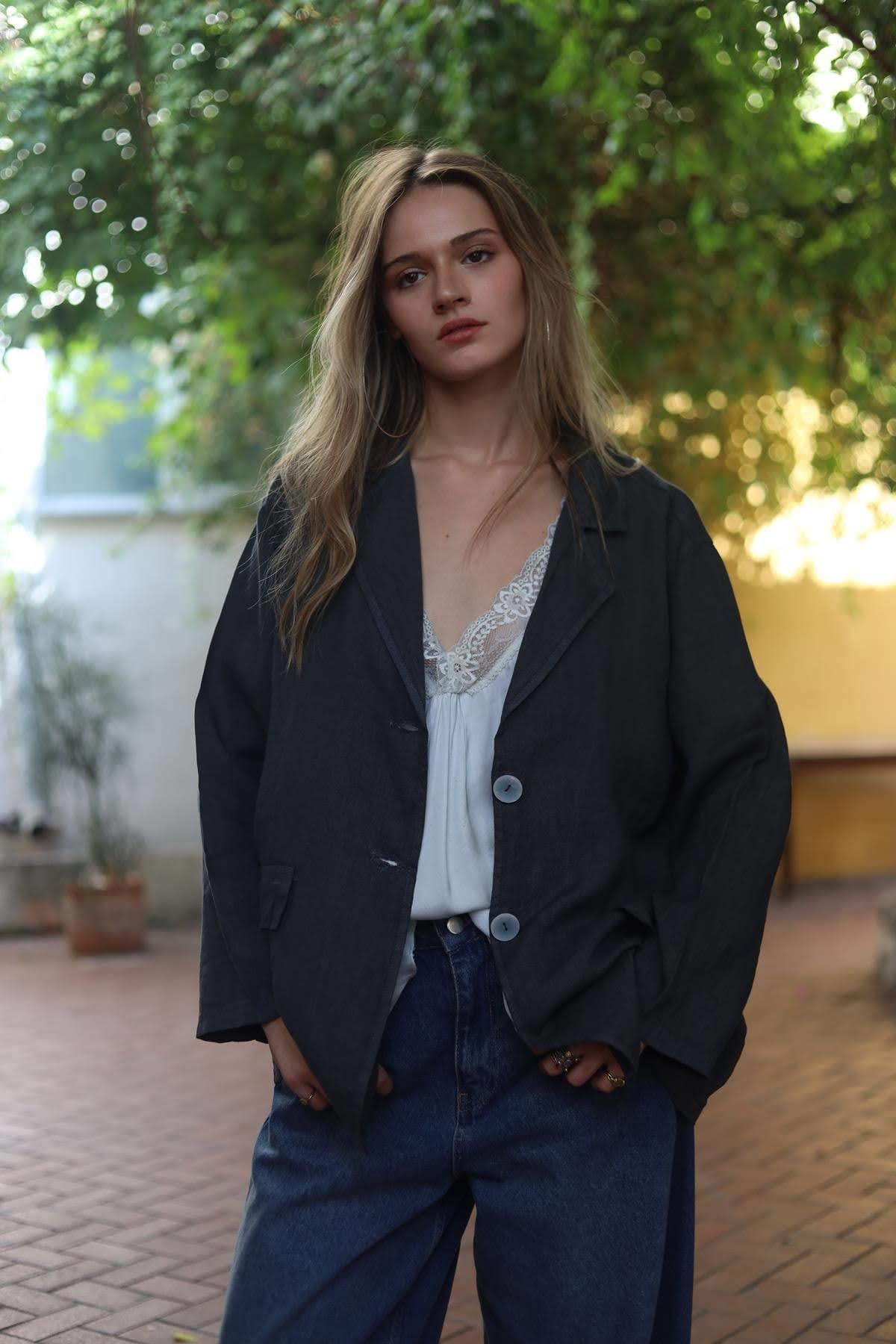 Antrasit Keten Çift Düğmeli Ceket